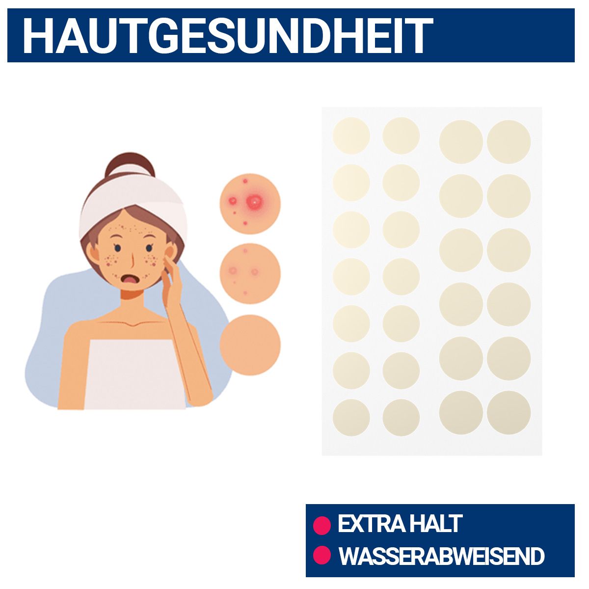 Illustration einer Frau mit Hautunreinheiten. Daneben eine Reihe von Pflastern. Aufschrift: Hautgesundheit, extra halt, wasserabweisend.