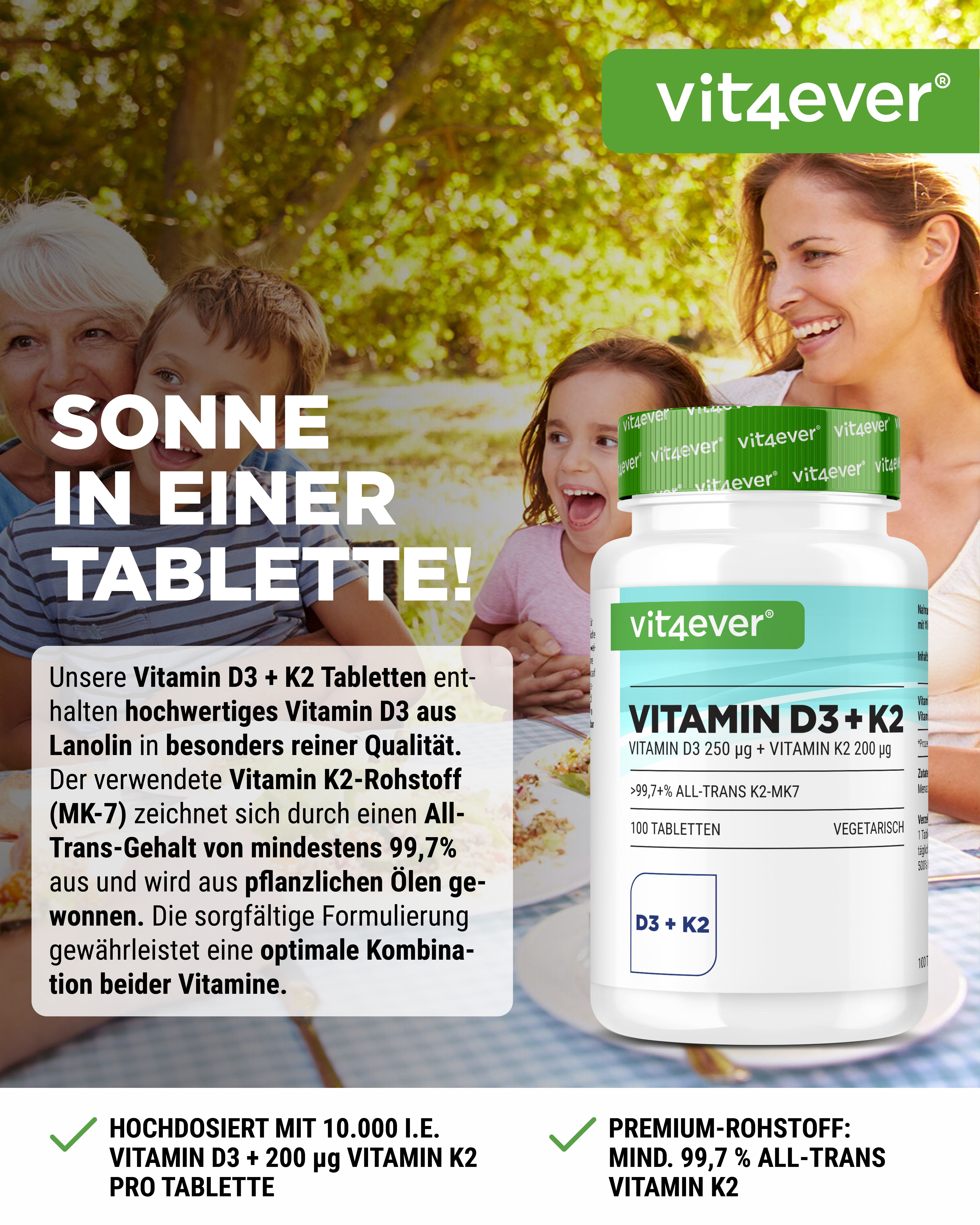 Weiße Tablettenflasche mit grünem Deckel. Aufschrift: Vitamin D3 + K2. Enthält 100 Tabletten. Marke: vit4ever. Familie im Hintergrund.