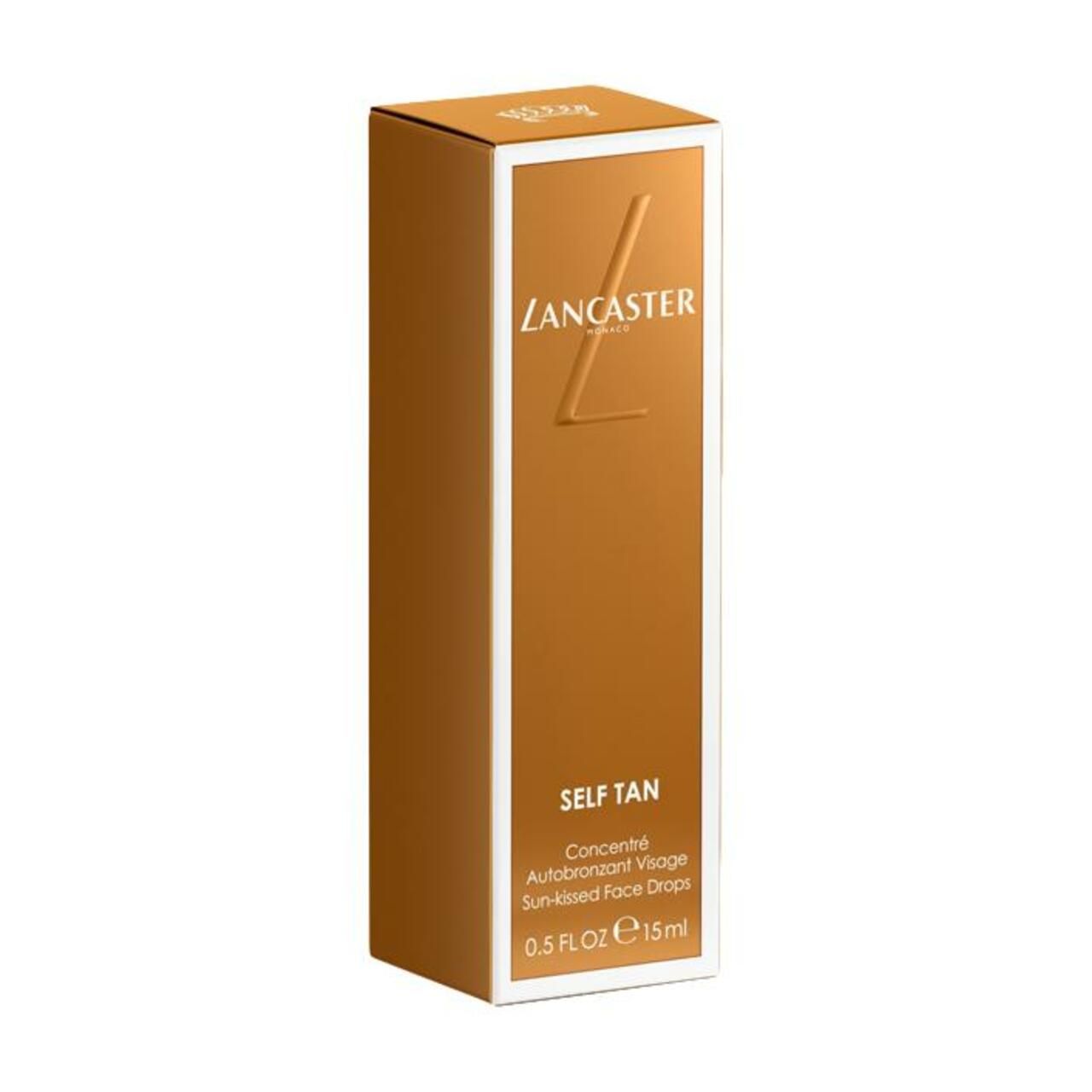 Braune Verpackung mit weißem Rahmen. Aufschrift: Lancaster, Self Tan, Sun-kissed Face Drops.
