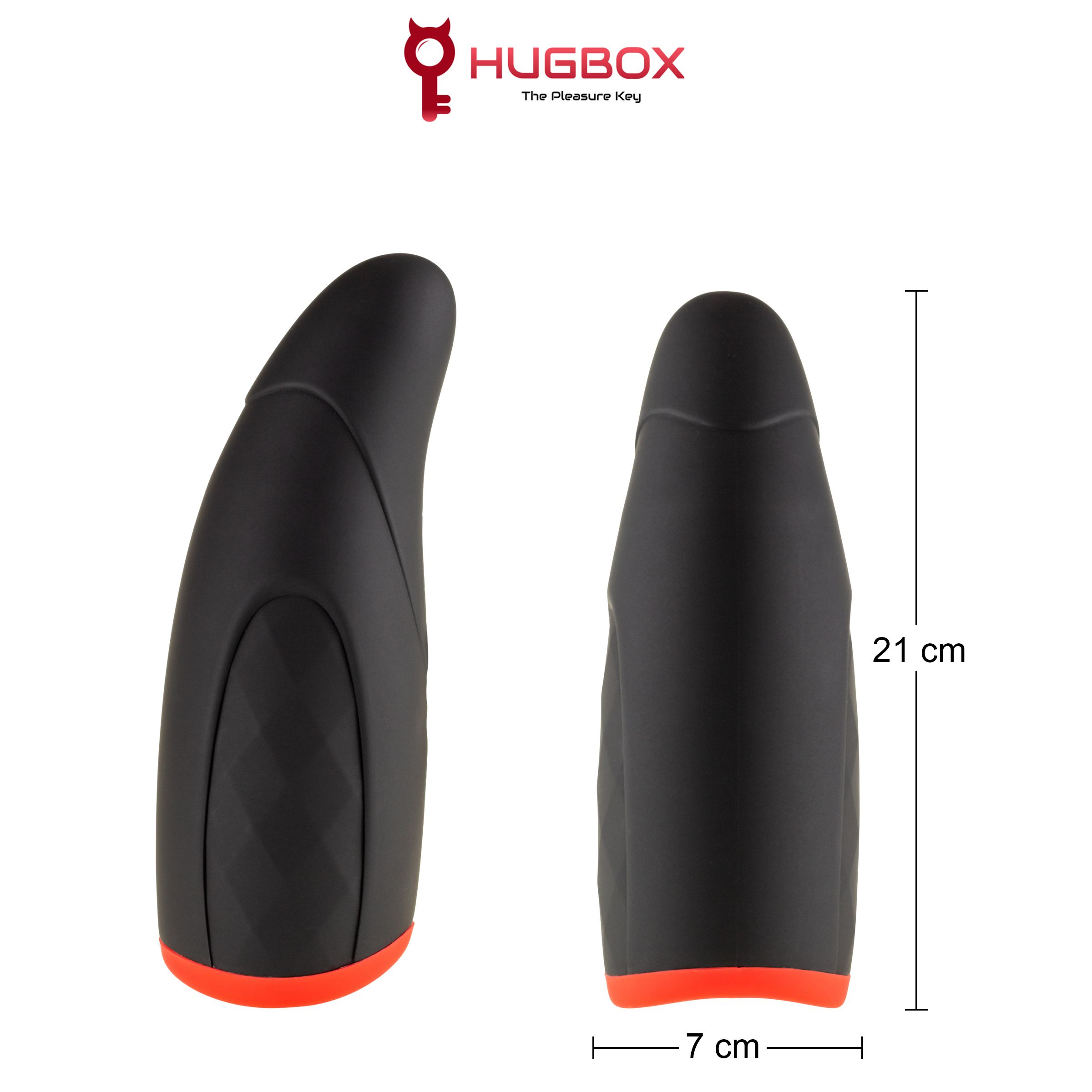 Zwei schwarze Geräte mit roter Basis. Maße: 21 cm hoch, 7 cm breit. HUGBOX-Logo oben.