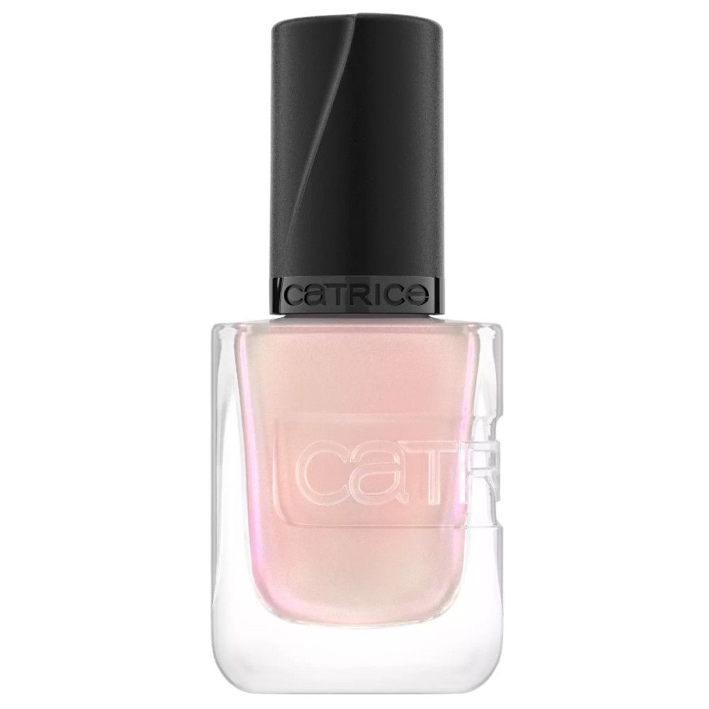 Nagellackflasche mit schwarzem Deckel. Der Lack ist rosa und transparent. Der Markenname Catrice ist sichtbar.