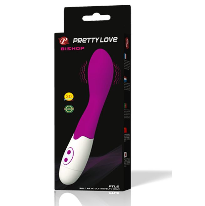 Verpackung mit Vibrator. Marke Pretty Love, Modell Bishop. Rosa Spitze, weißer Griff. Zwei Knöpfe.