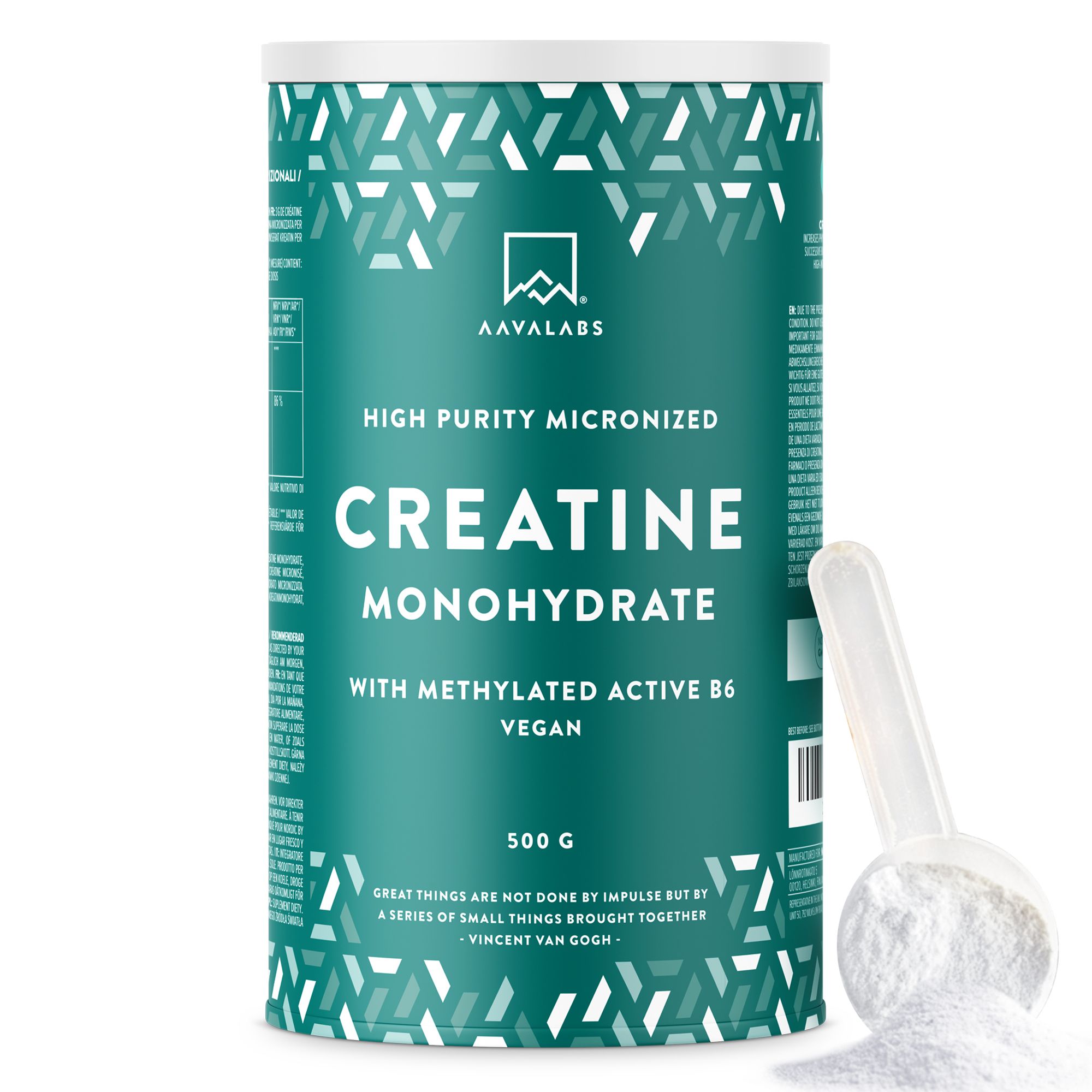 Dose mit Messlöffel und Pulver. Text: Kreatin Monohydrat, 500g, Vegan. Marke: AAVALABS.