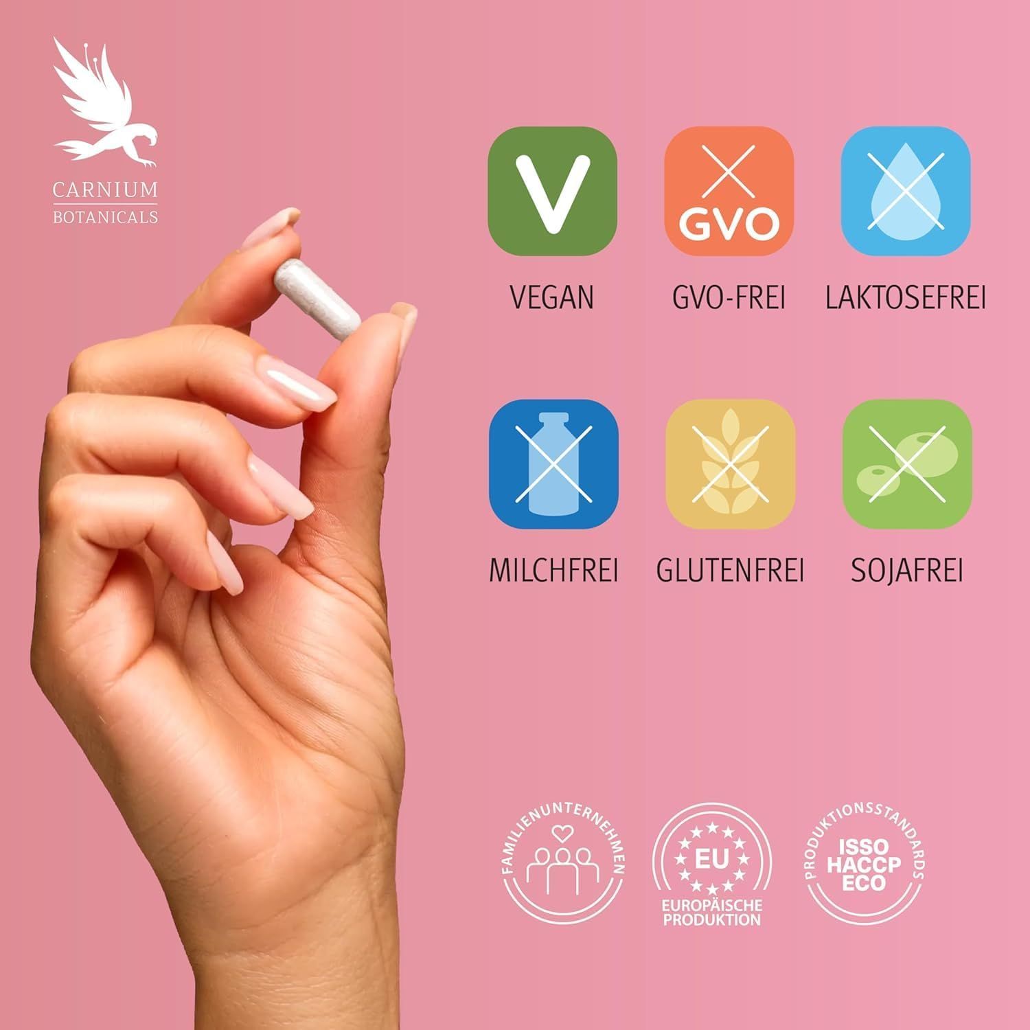 Hand hält Kapsel. Logos: Vegan, GVO-frei, laktosefrei, milchfrei, glutenfrei, sojafrei. Logos: Familienunternehmen, EU-Produktion, ISO.