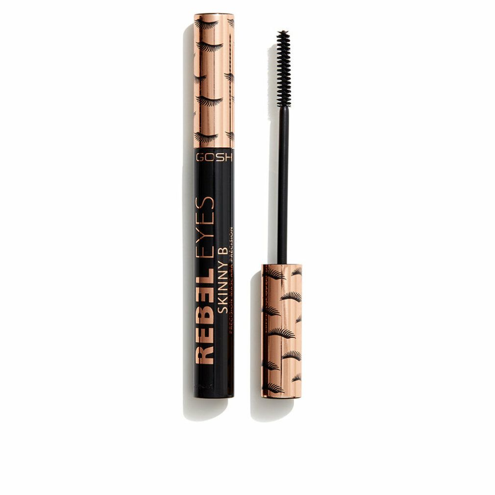 Schwarze Mascara-Tube mit goldfarbenem Deckel und Schriftzug. Bürste daneben. GOSH Rebel Eyes Skinny B Precision Mascara.