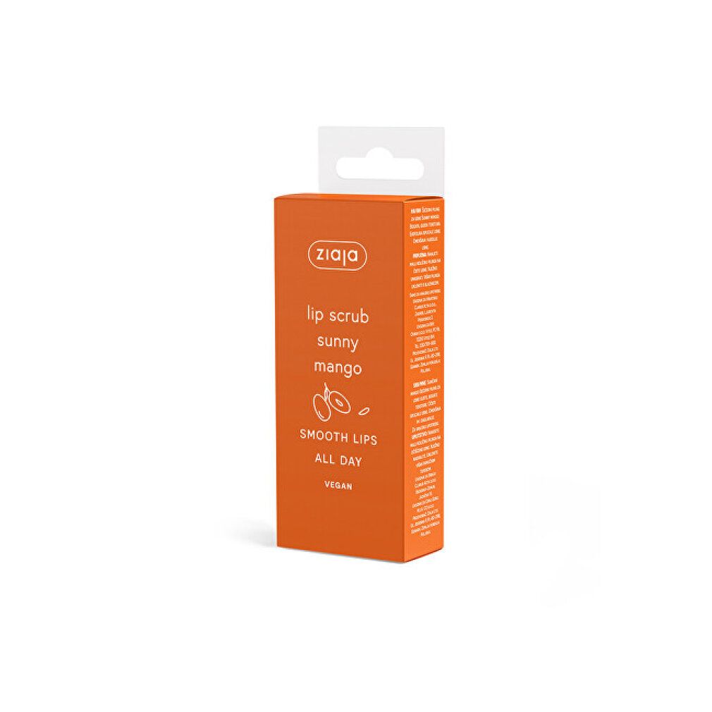 Orangefarbene Verpackung mit Produkttext. Aufschrift: Ziaja, Lip Scrub Sunny Mango, Smooth Lips All Day, Vegan. Mit Aufhänger.