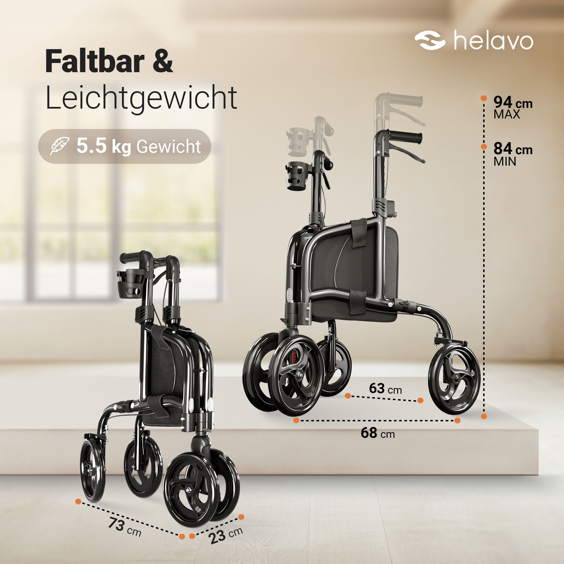 Kompakter, faltbarer Rollator aus Aluminium, 5,5 kg, mit Maßangaben.