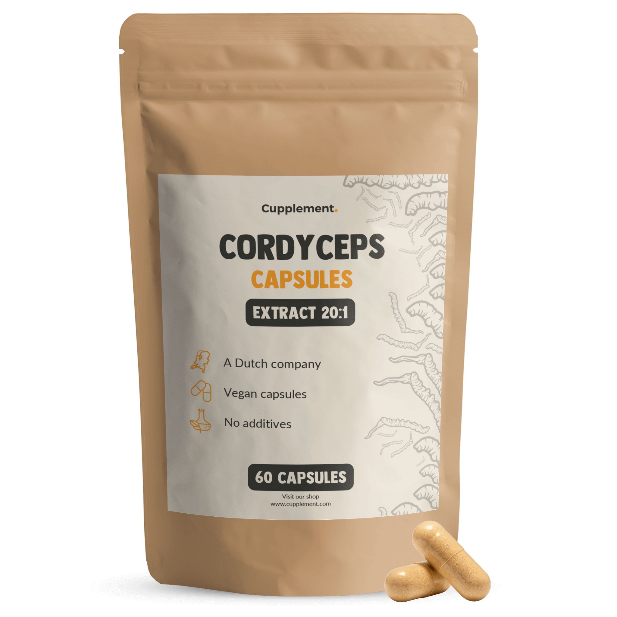 Beutel mit Cordyceps-Kapseln. Aufschrift: Cordyceps Capsules, Extrakt 20:1, 60 Kapseln. Zwei Kapseln liegen daneben.