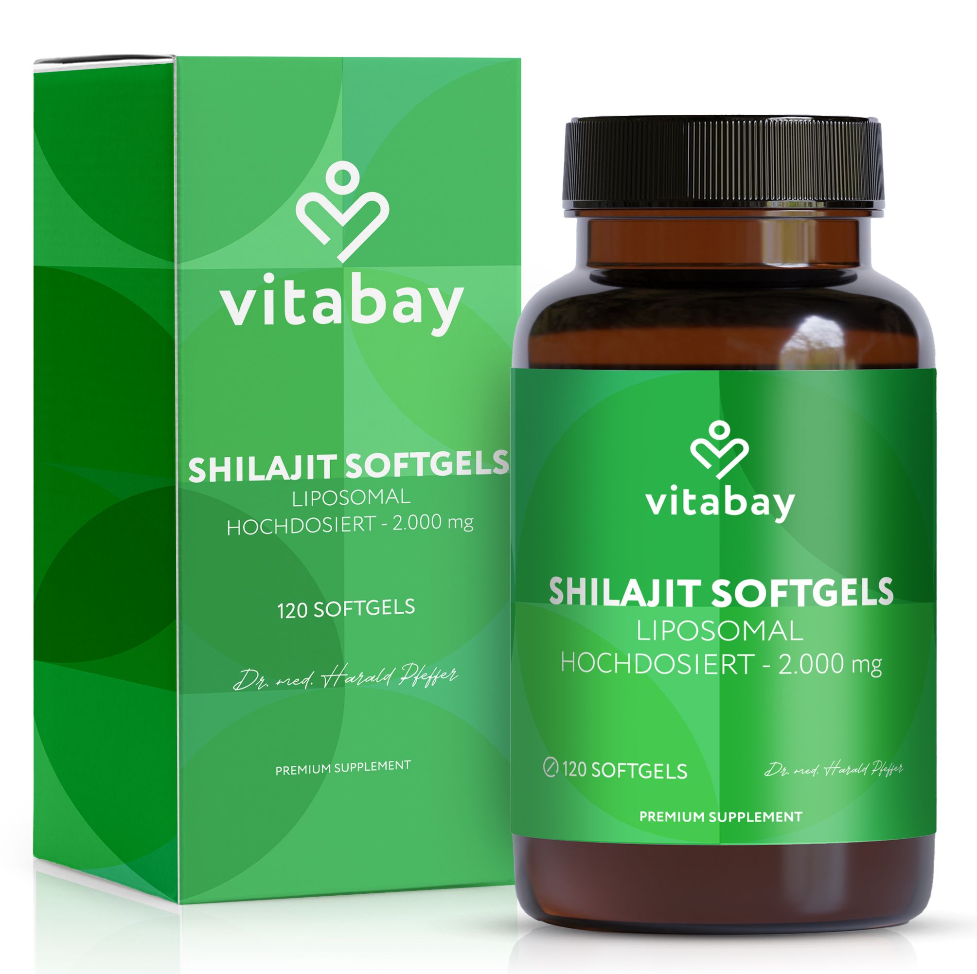 Grüne Verpackung und braune Flasche mit Vitabay Shilajit Softgels. Aufschrift: Liposomal, 2.000 mg, 120 Softgels. Premium Supplement.