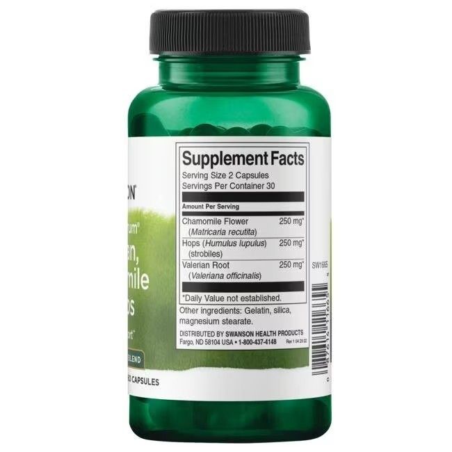 Rückseite der grünen Flasche. Aufschrift: Supplement Facts. Zutaten: Kamillenblüte, Hopfen, Baldrianwurzel. 30 Portionen.