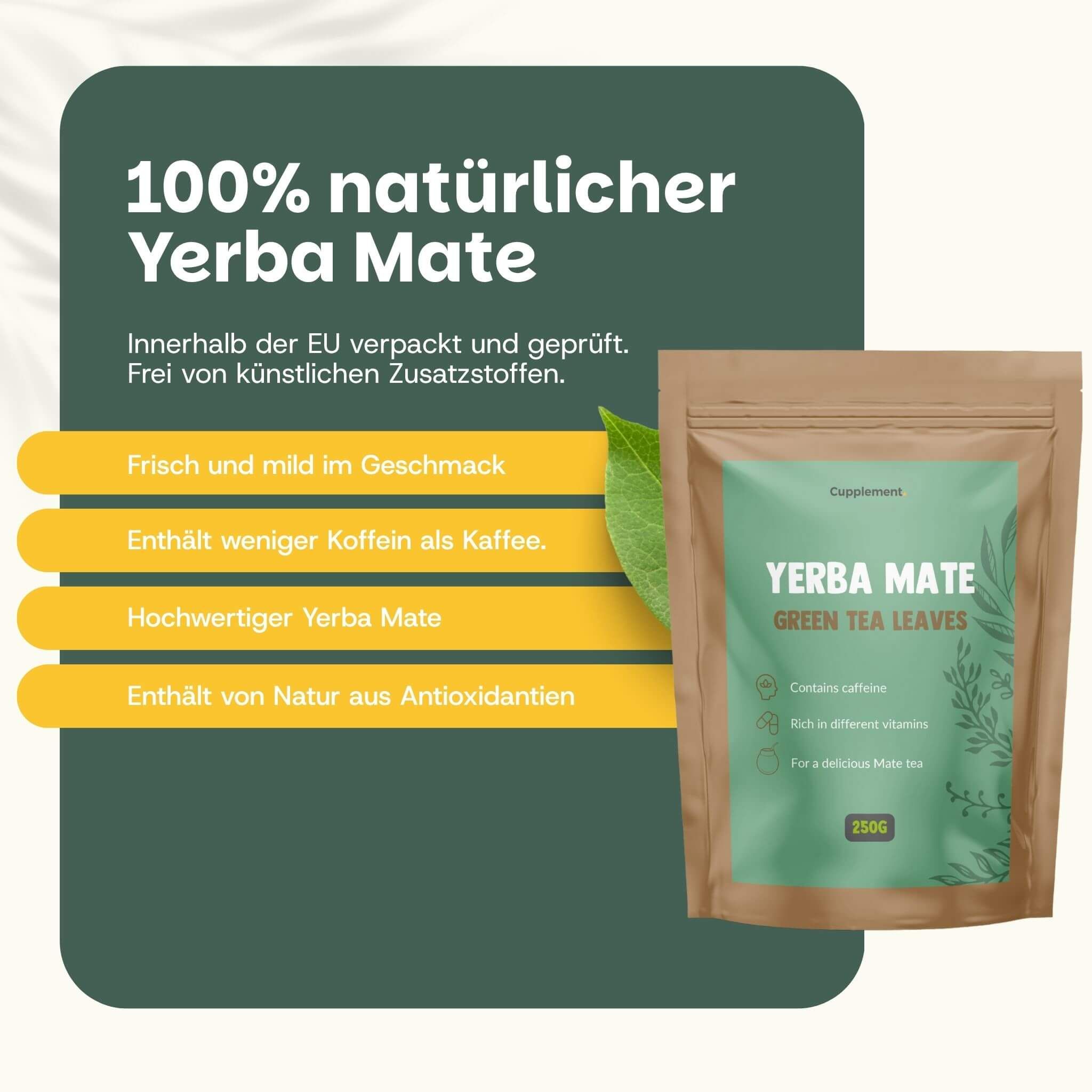 Grafik mit Yerba Mate und Text. Text: Mate-Tee. 100% natürlich, vegan, ohne Zusatzstoffe, unverarbeitet.