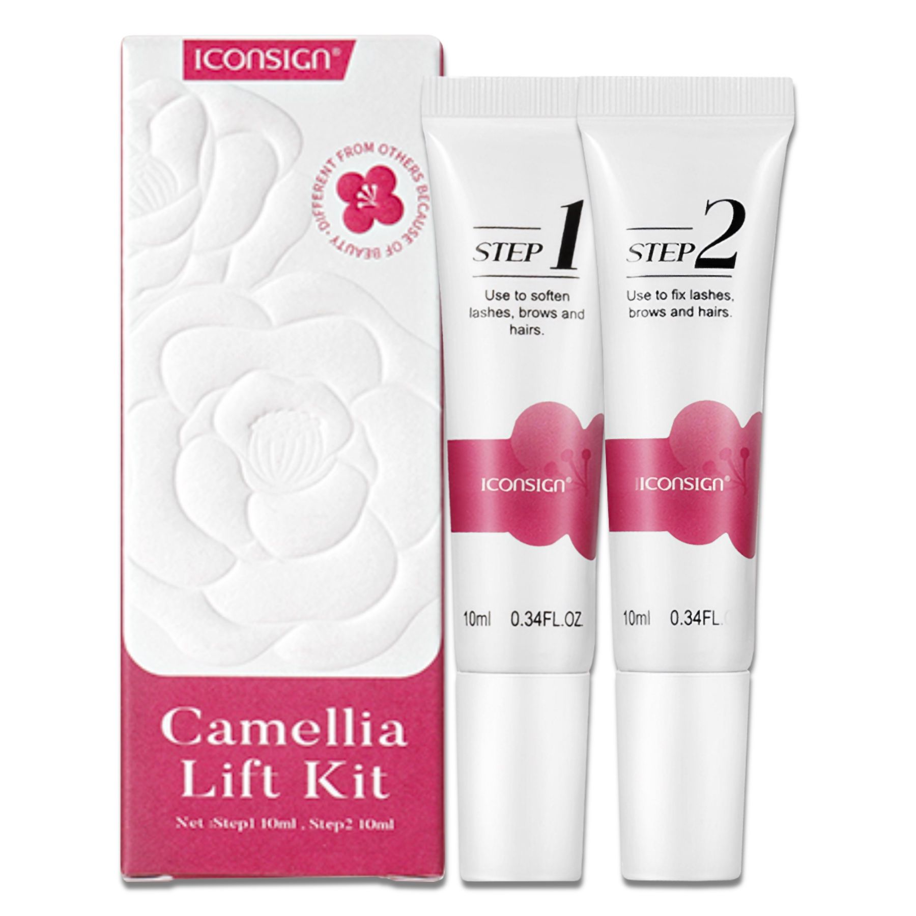 Verpackung und zwei Tuben. Auf der Verpackung steht "ICONSIGN" und "Camellia Lift Kit". Auf den Tuben steht "STEP 1" und "STEP 2".