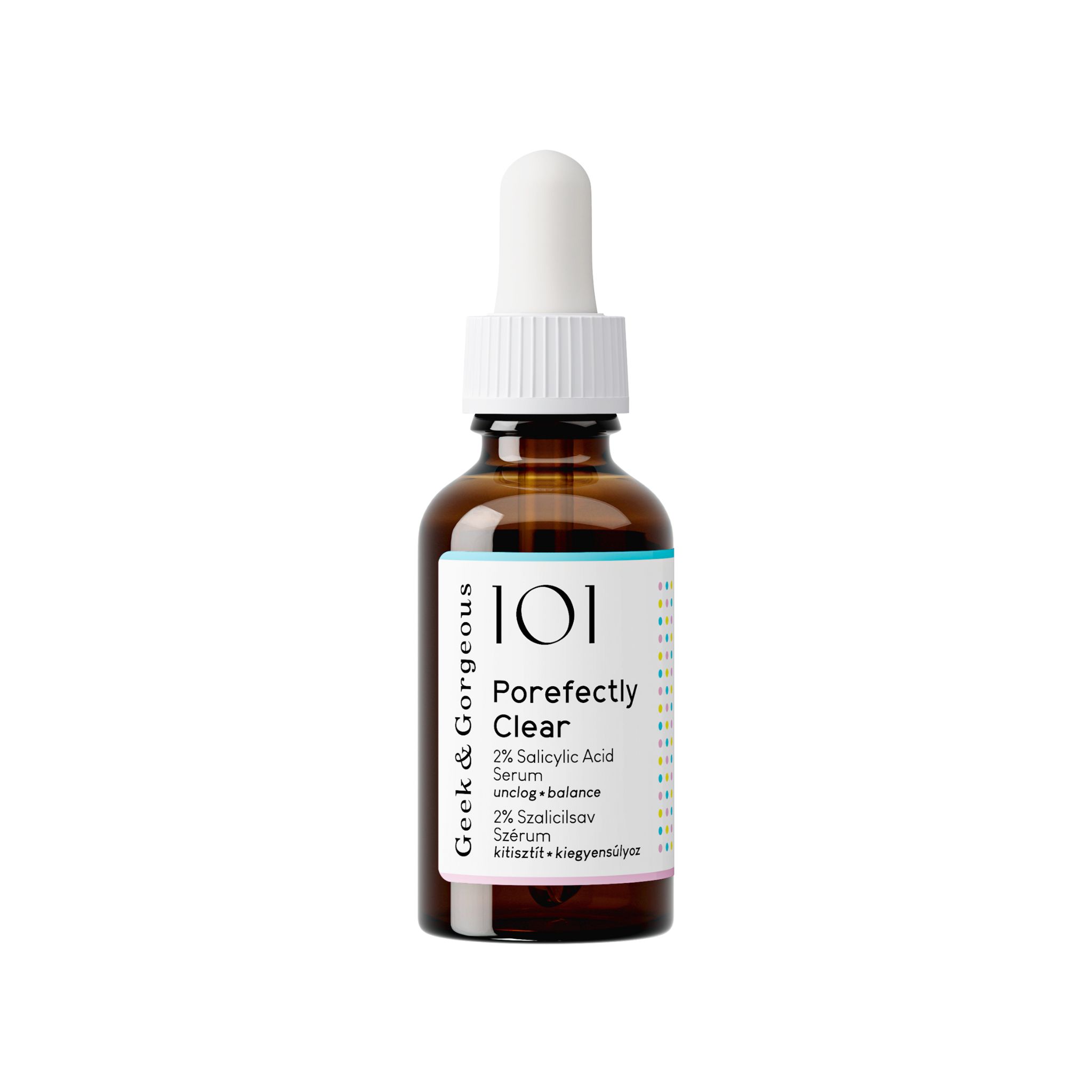 Braune Glasflasche mit Pipette. Aufschrift: Porefectly Clear, 2% Salicylsäure Serum. Marke: Geek & Gorgeous.