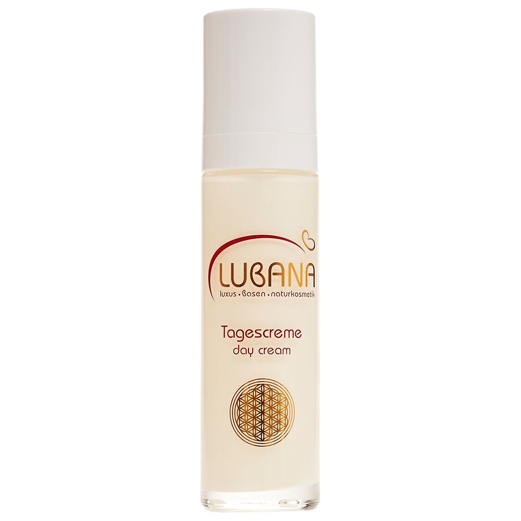 Creme-Flakon mit weißem Deckel. Aufschrift: Lubana Tagescreme. Unterhalb des Logos ein goldenes Blumenmuster.