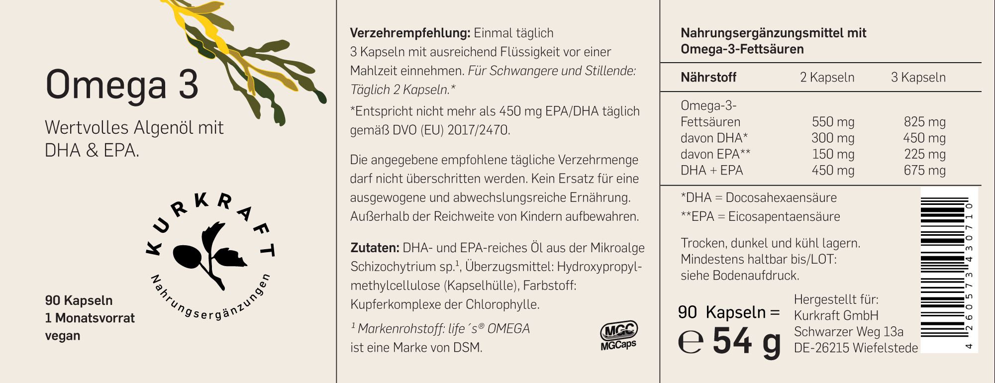 Rückseite der Flasche Omega 3 Algenöl mit detaillierten Nährwertangaben und Inhaltsstoffen.