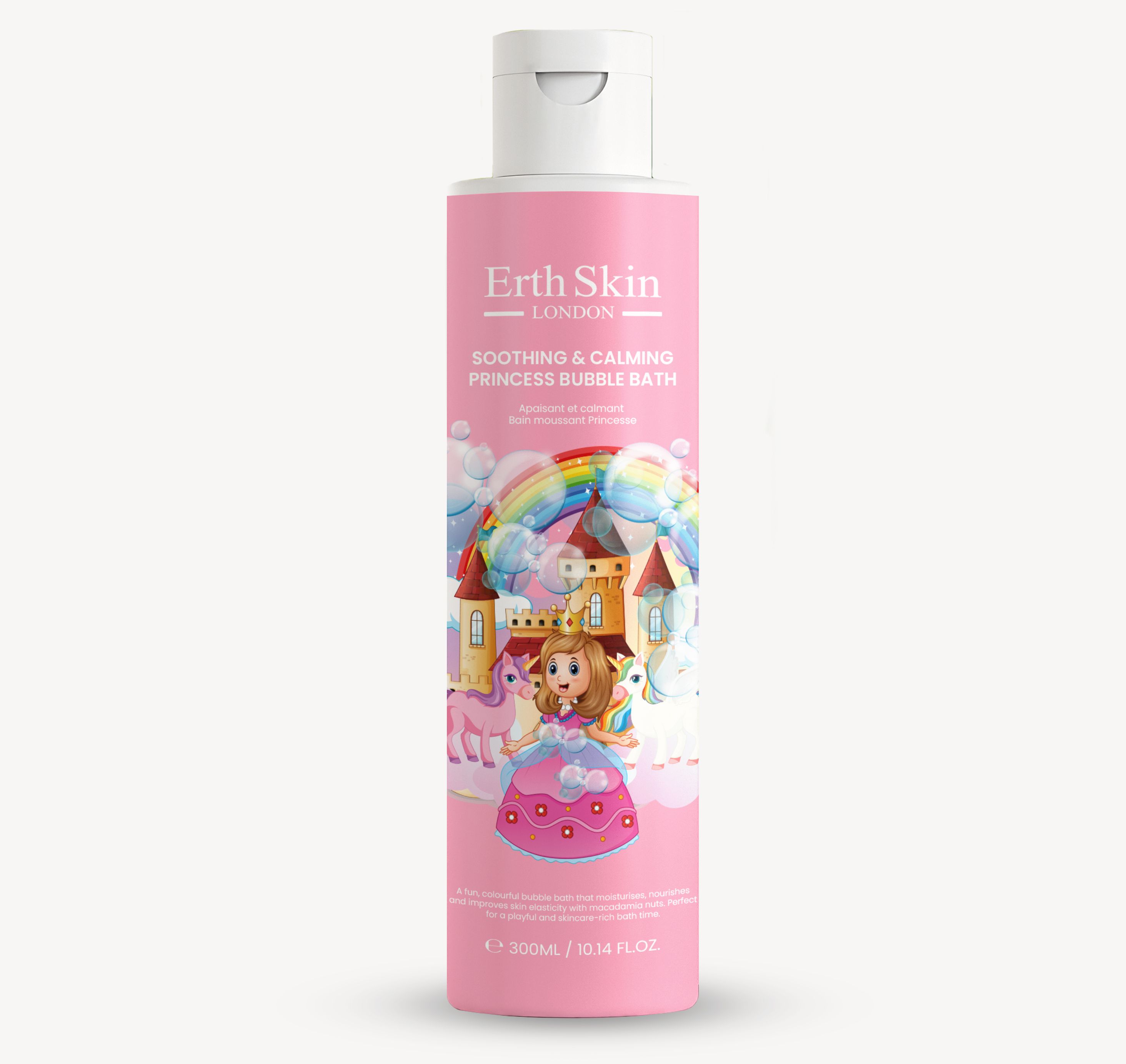 Erth Skin London Princess Bubble Bath Flasche mit Prinzessinnen-Motiv, Regenbogen und Schloss.