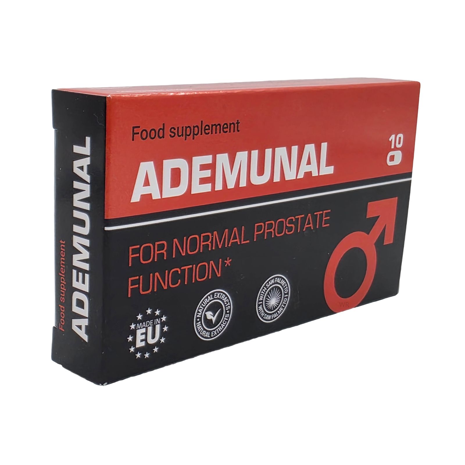 Schachtel mit roter und schwarzer Aufschrift. Enthält 10 Kapseln. Aufschrift: ADEMUNAL, FOR NORMAL PROSTATE FUNCTION. EU-Zertifizierung.