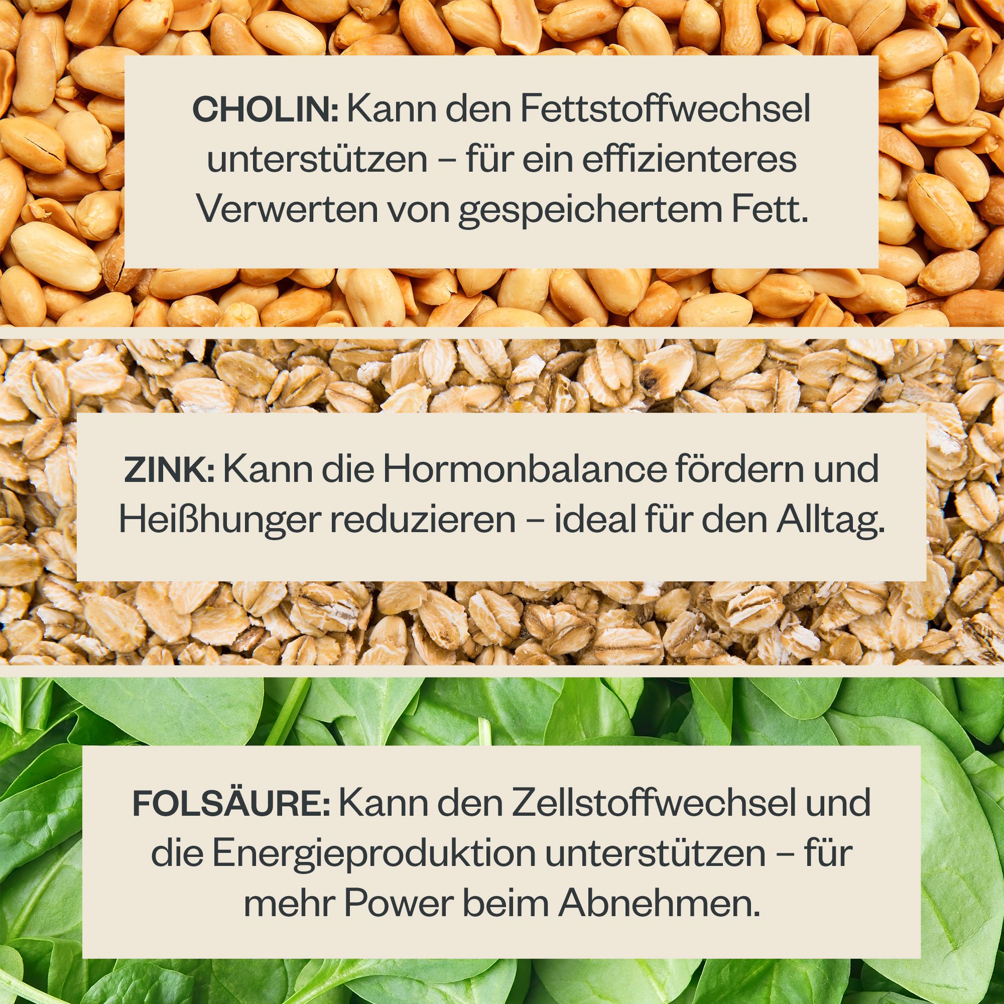Zutaten und Vorteile: Erdnüsse, Haferflocken, Spinat für Stoffwechsel und Energie.