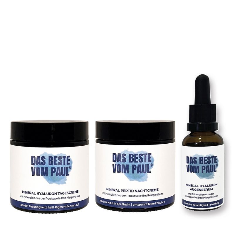 Drei Tiegel und eine Flasche. Aufschrift: Das Beste vom Paul. Produkte: Tagescreme, Nachtcreme, Augenserum.