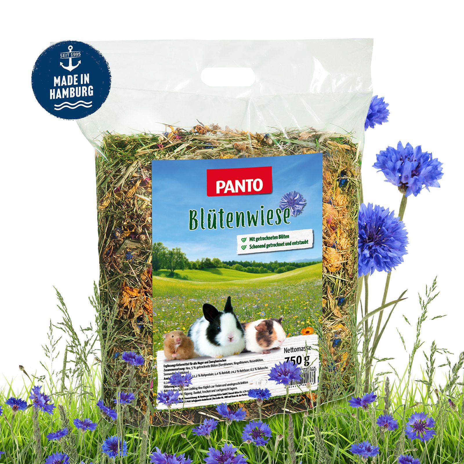 PANTO Blütenwiese in transparenter Verpackung. Aufdruck mit Produktname, Illustration und Gewichtsangabe. Blaue Kornblumen.