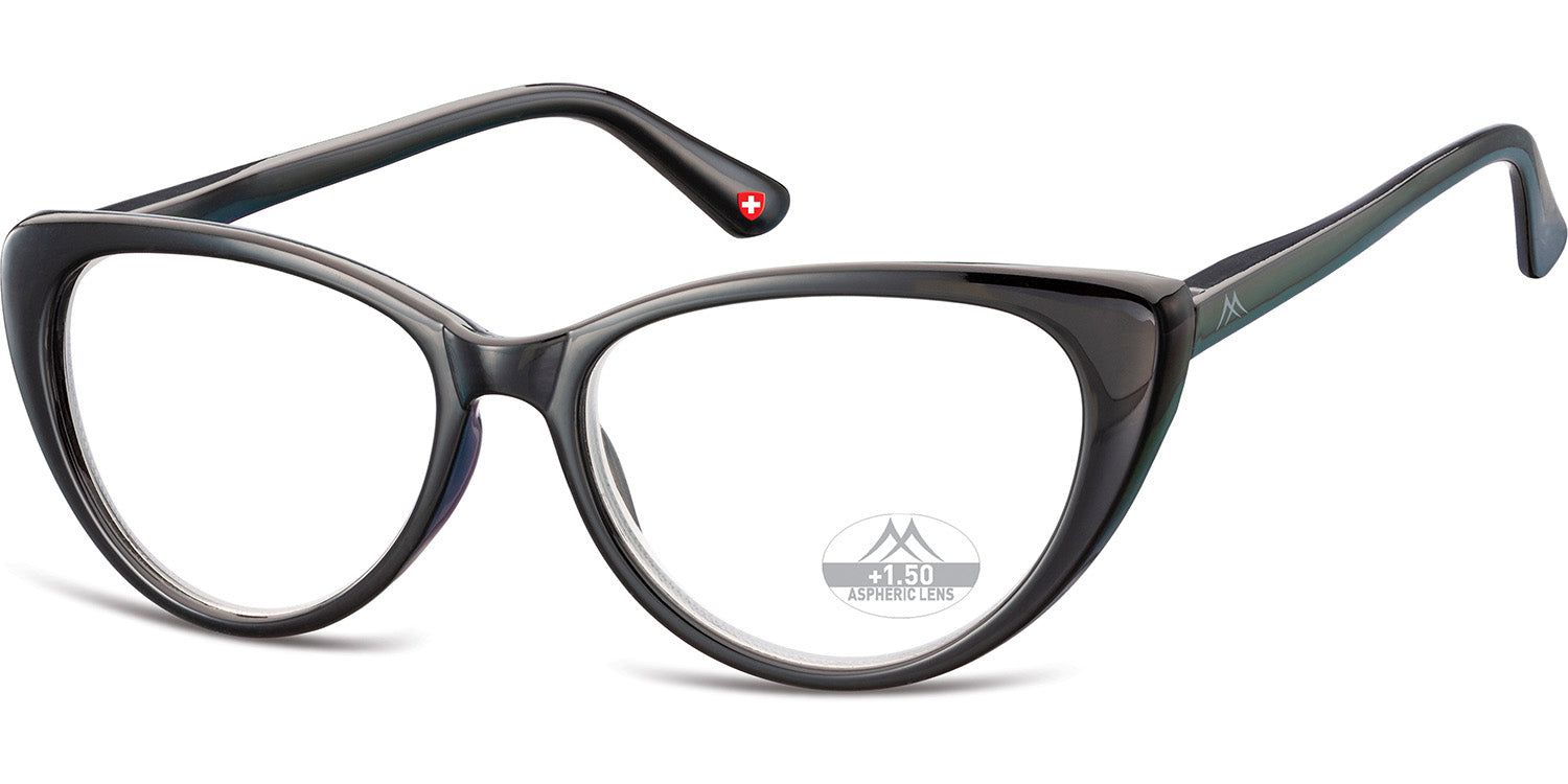 Brille mit schwarzem Rahmen. Auf dem Glas ist das Logo von Montana Eyewear zu sehen. Schweizer Kreuz am Bügel.