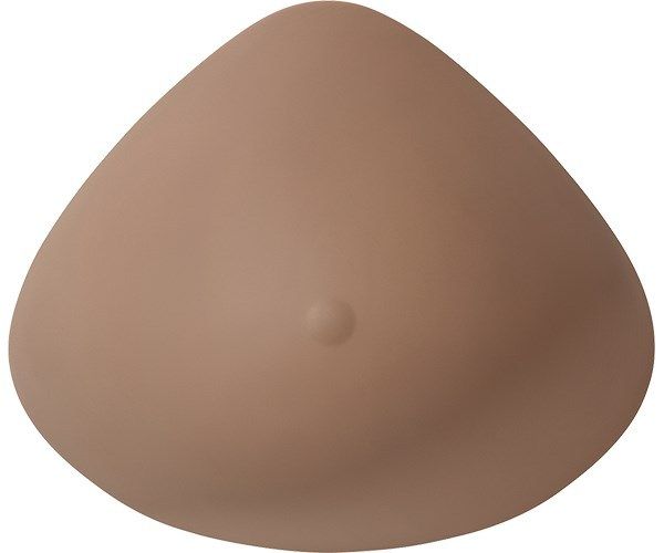 Brustprothese, beige, tropfenförmig. Mit kleinem, rundem Detail. Glatte Oberfläche.