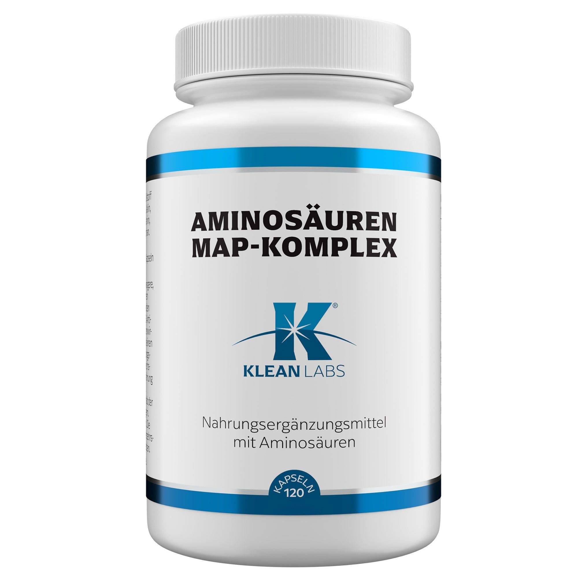Flasche mit Klean Labs Aminosäuren MAP-Komplex Kapseln, 120 Stück, blaue Bänder.