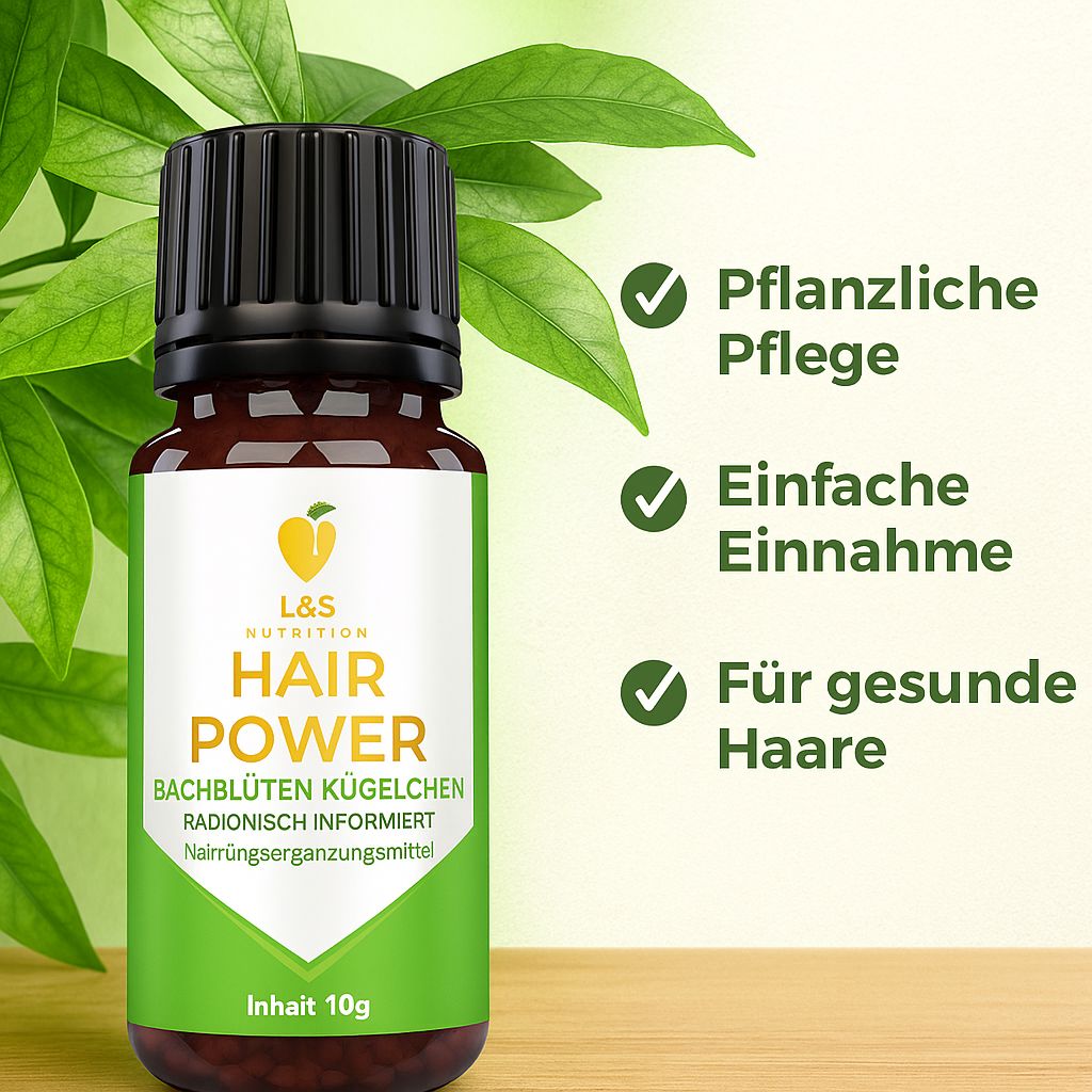 Braune Flasche mit schwarzem Deckel. Etikett mit "L&S Nutrition Hair Power". Grün umrandet.