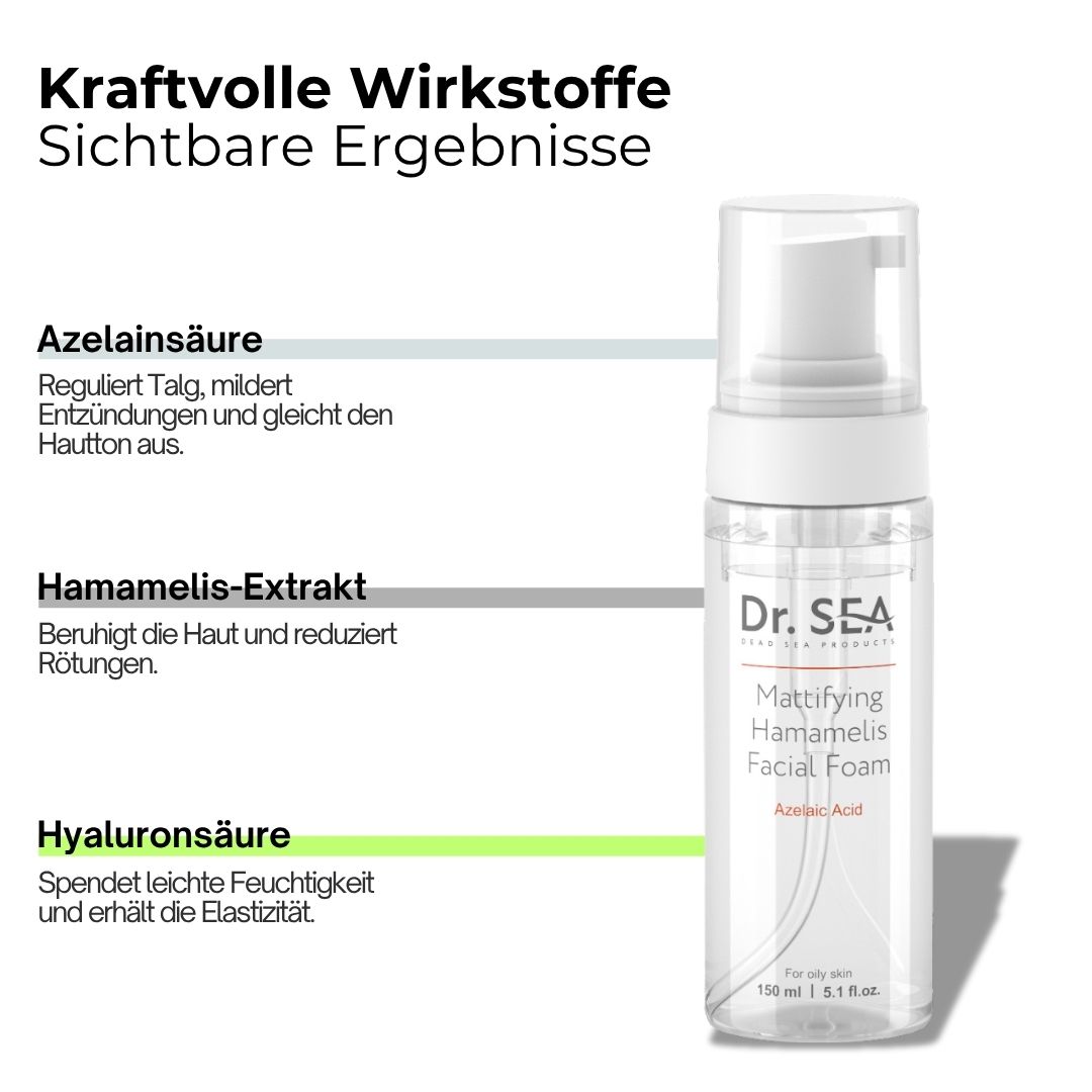 Produkt mit weißem Pumpkopf. Text: Dr. SEA, Mattifying Hamamelis Facial Foam, Azelainsäure. Inhaltsstoffe.