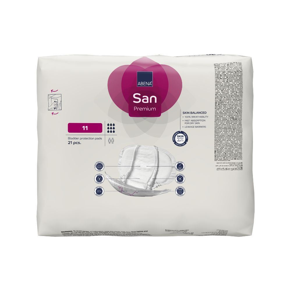 Abena San 11 Premium Vorlagen-Packung. Verpackung mit rosa Akzenten, Produktname, Größe 11 und 21 Stück Inhalt. Vorlage abgebildet.
