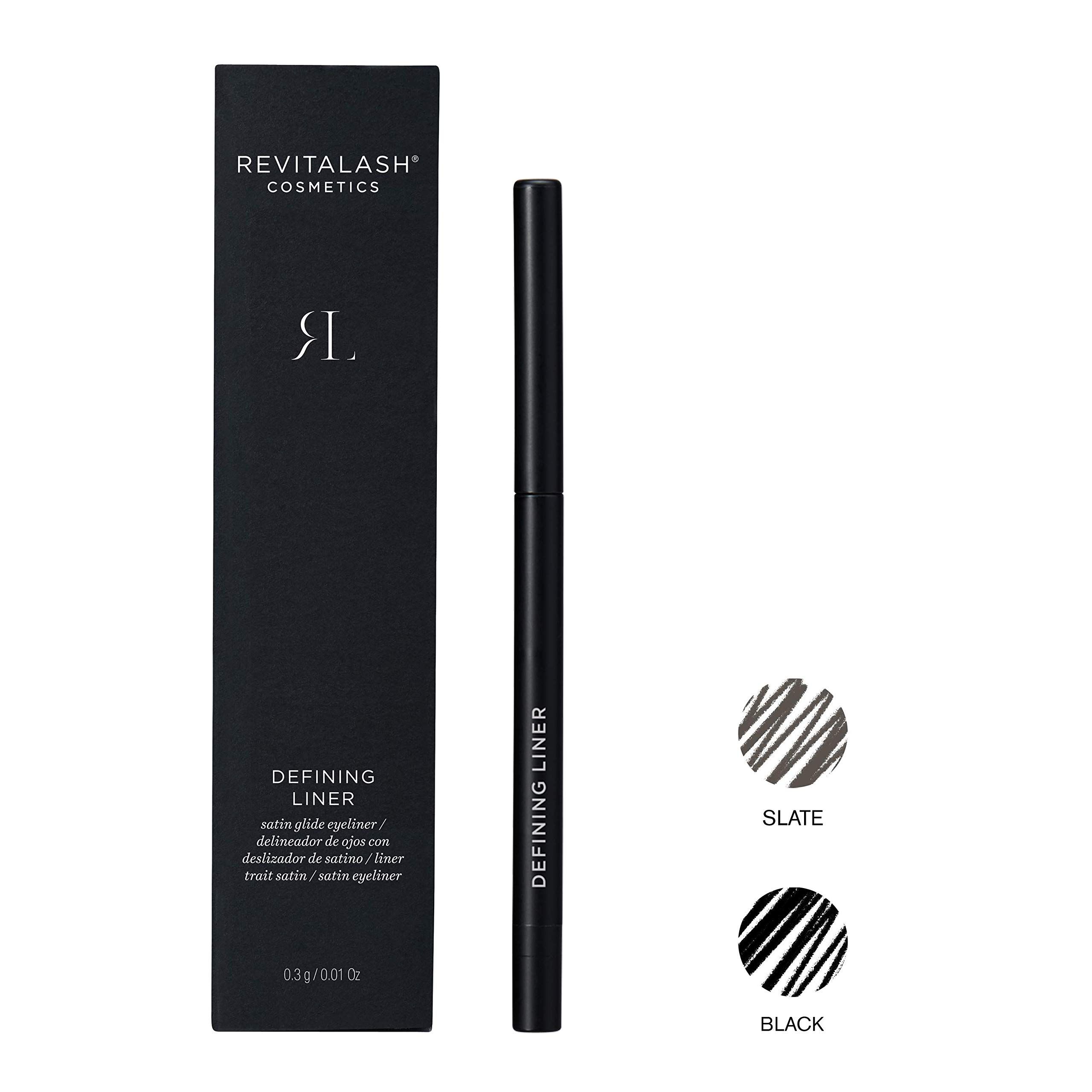 Schwarze Verpackung und Eyeliner-Stift. Produktname und Marke auf der Verpackung. Zwei Farbmuster.