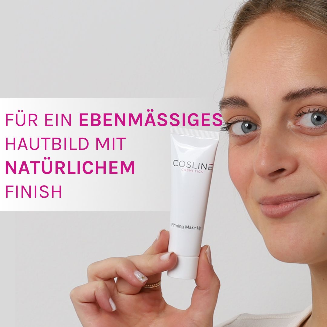 Eine Frau hält eine weiße Tube Cosline Firming Make-Up mit natürlichem Finish.