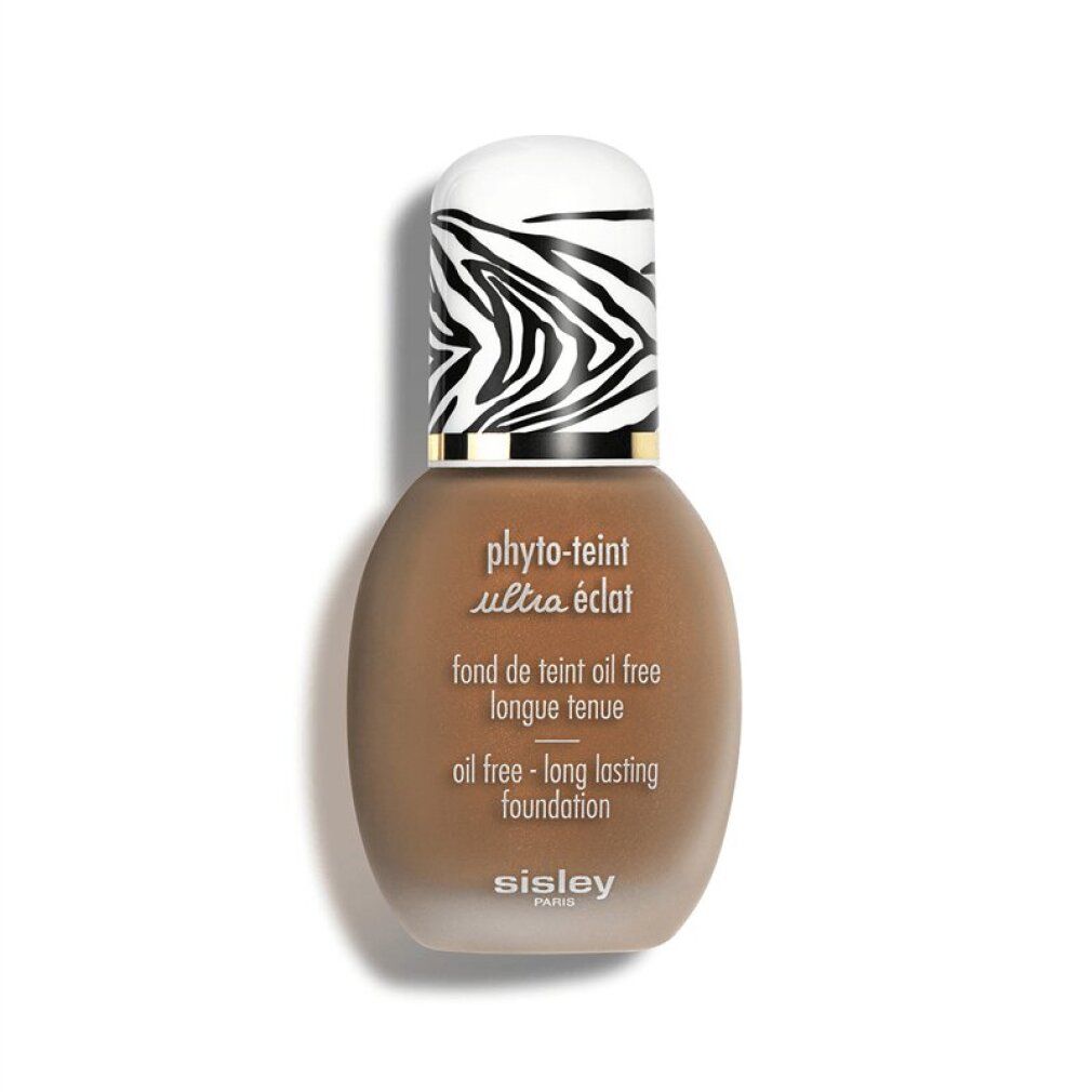 Sisley Phyto-Teint Ultra Éclat nº7 Moka. Braune Flasche mit Zebra-Muster-Deckel. Text: Oil free - long lasting foundation.