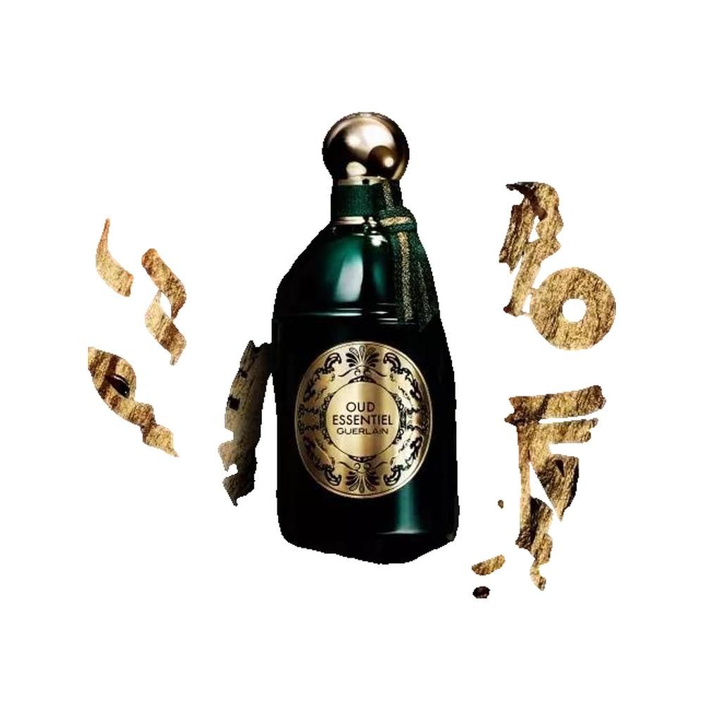 Grüne Parfumflasche mit goldener Kappe und Etikett. Aufschrift: Oud Essentiel. Dekorative Elemente in Gold und Braun.
