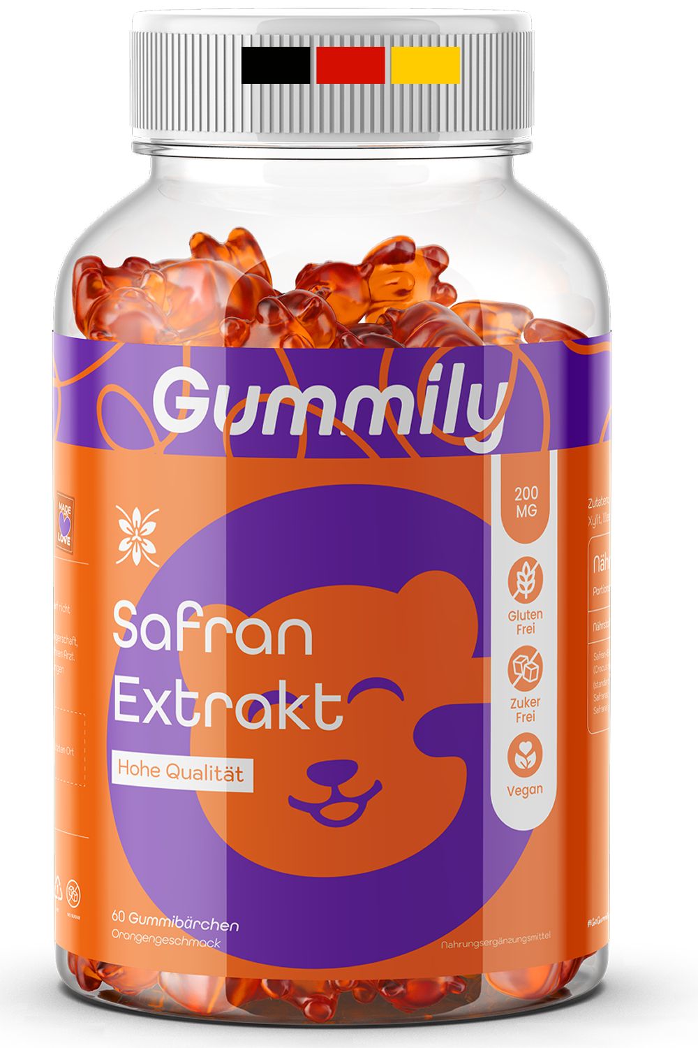 Klare Plastikflasche mit orangefarbenen Gummibärchen. Etikett mit "Gummily", "Safran Extrakt", "Glutenfrei", "Zuckerfrei", "Vegan".