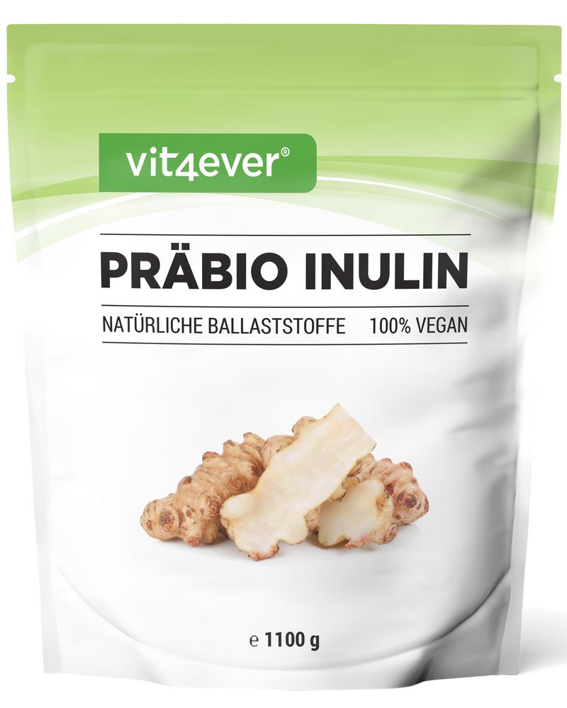 Beutel Präbio Inulin, 1100g. Grün-weiße Verpackung mit Logo und Produktbezeichnung. Abbildung von Chicoréewurzeln.