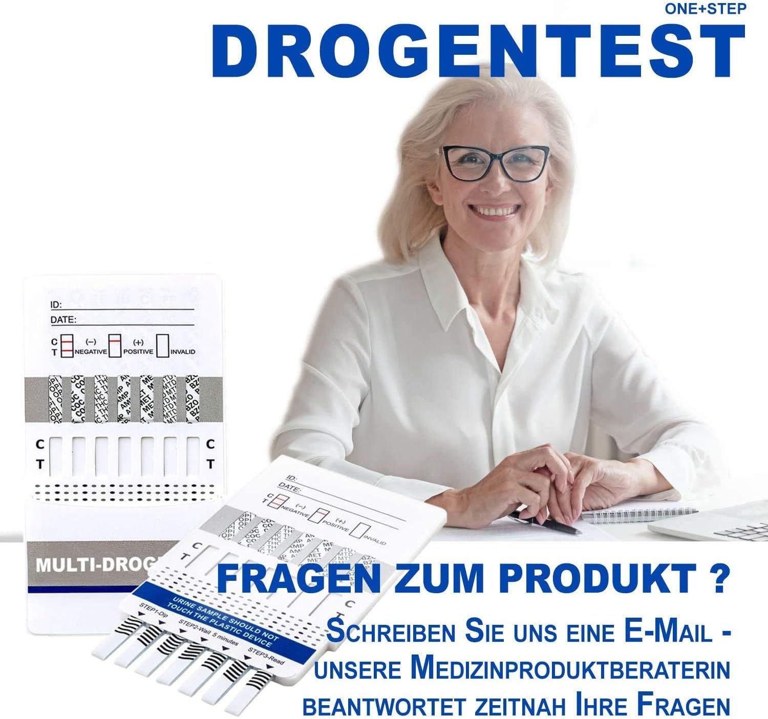 Frau mit Brille hält Drogenteststreifen. Text: Fragen zum Produkt? Schreiben Sie uns eine E-Mail. One+Step Drogentest.