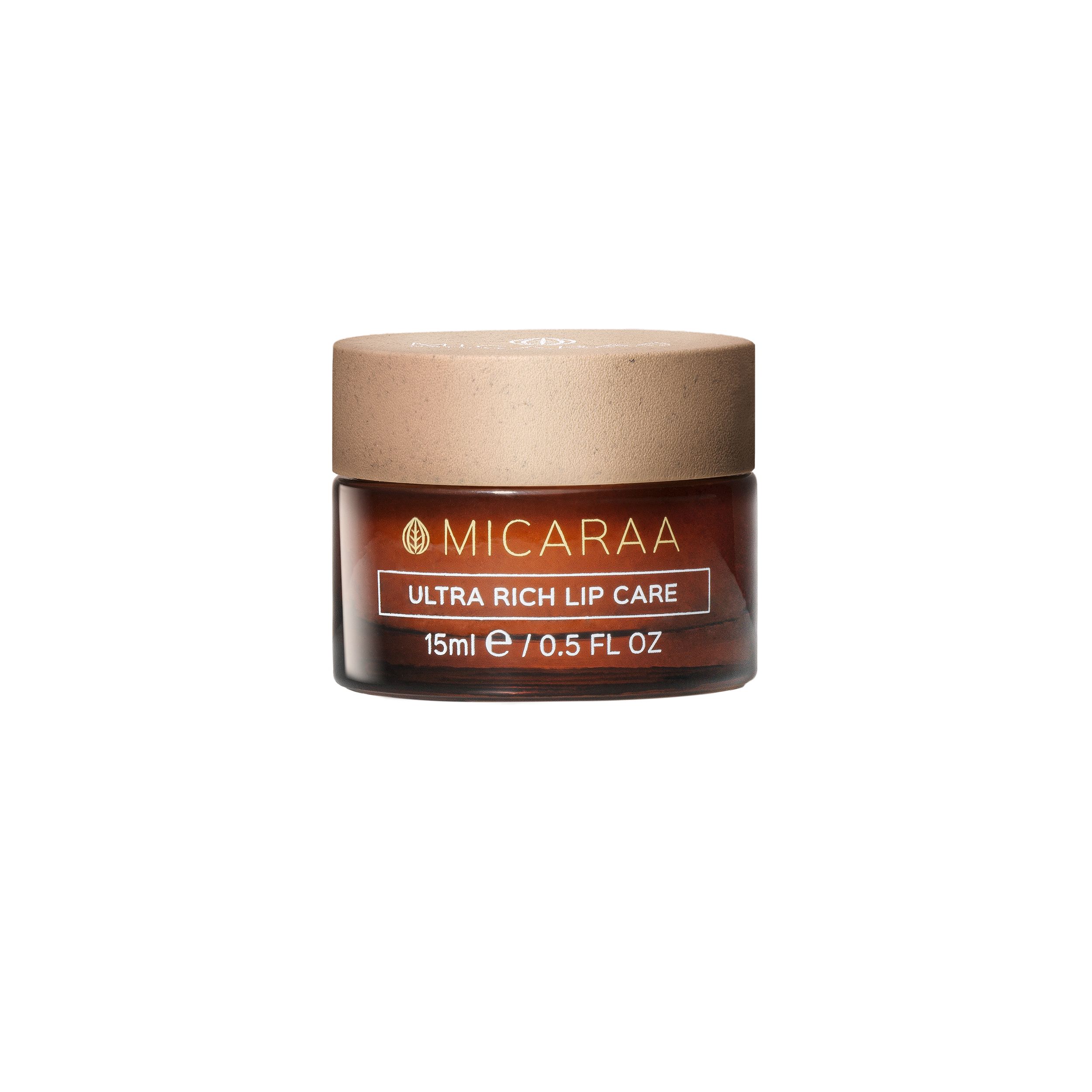 MICARAA Ultra Rich Lip Care in brauner Glasdose mit beigem Deckel. 15ml/0.5 FL OZ. Aufschrift: Ultra Rich Lip Care.