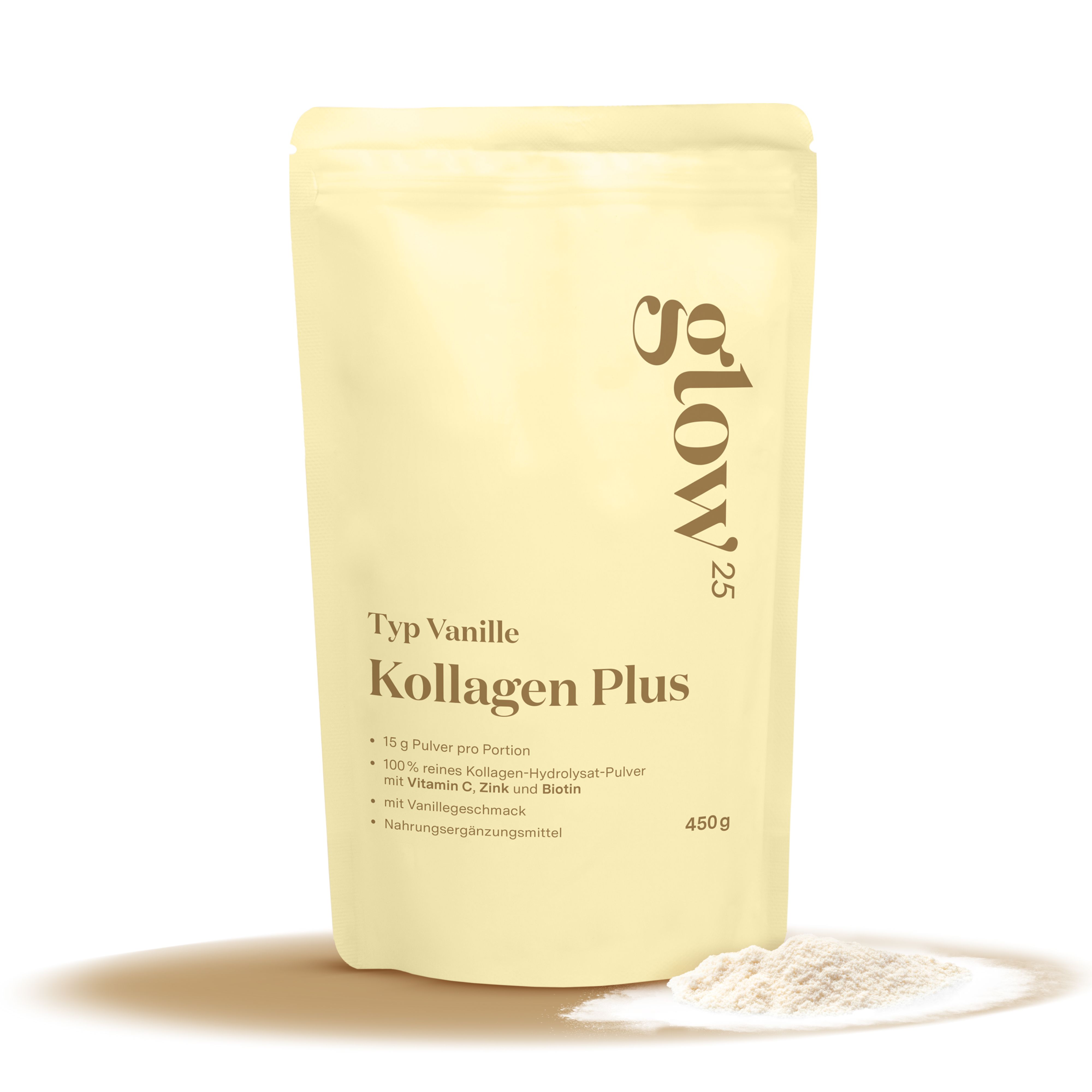 Beutel Glow25® Kollagen Plus, Typ Vanille. Text: 15 g Pulver pro Portion, 450g. Pulver daneben.
