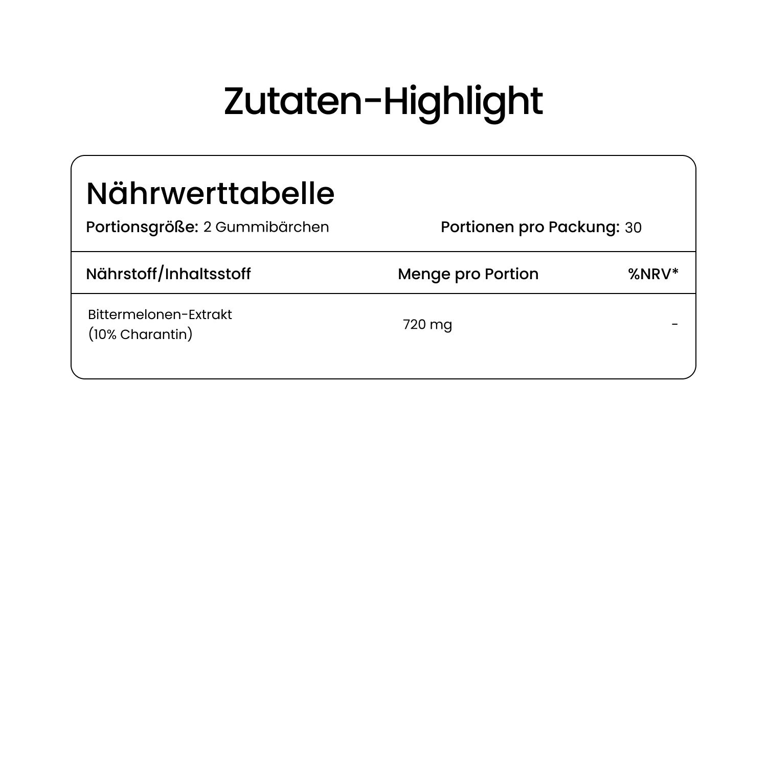 Nährwerttabelle: Bittermelonen-Extrakt (10% Charantin) 720 mg pro Portion.