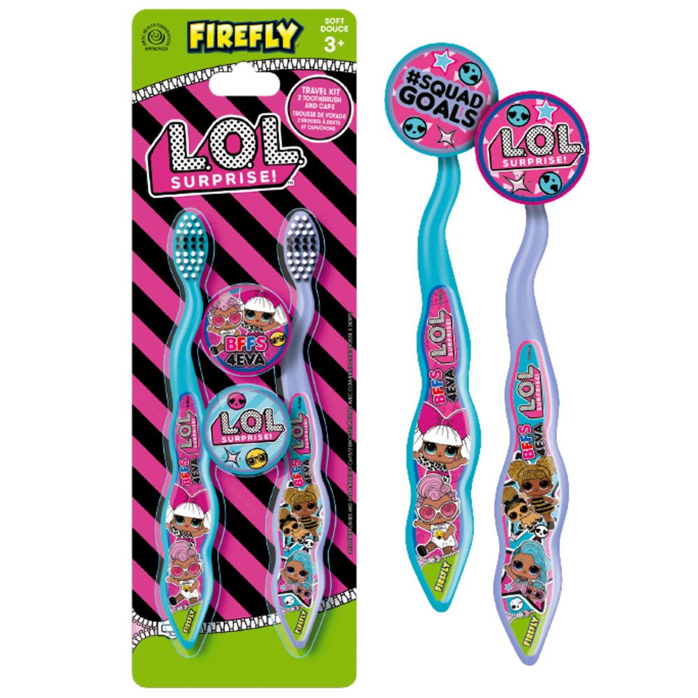 Zwei Zahnbürsten mit LOL Surprise-Motiven. Verpackung mit Firefly-Logo und LOL Surprise-Schriftzug. Weiche Borsten, für Kinder ab 3 Jahren.