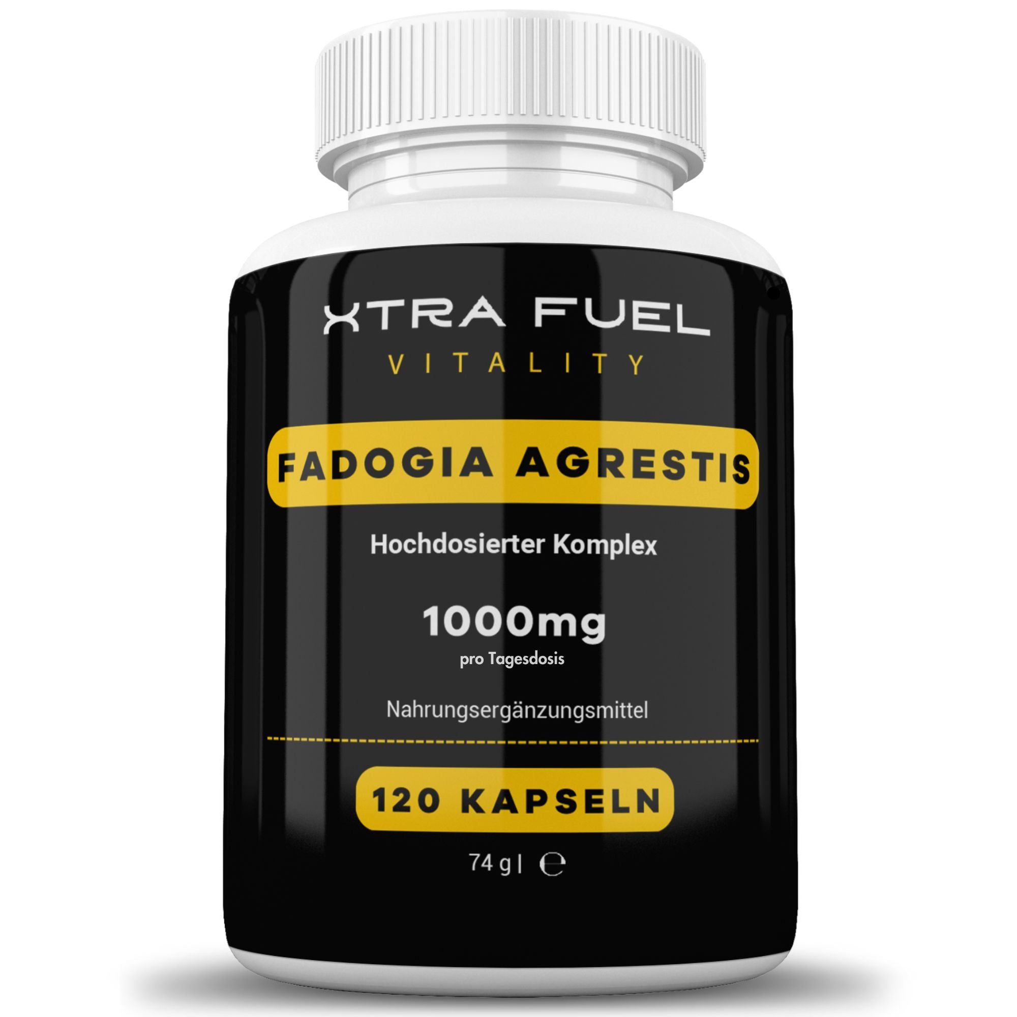 XTRA FUEL Fadogia Agrestis Kapseln. Schwarze Dose mit weißem Deckel. 120 Kapseln, 1000mg pro Tagesdosis.