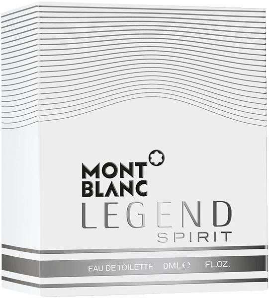 Weiße Verpackung mit Aufschrift: MONTBLANC LEGEND SPIRIT. Eau de Toilette. Schwarze Schrift.