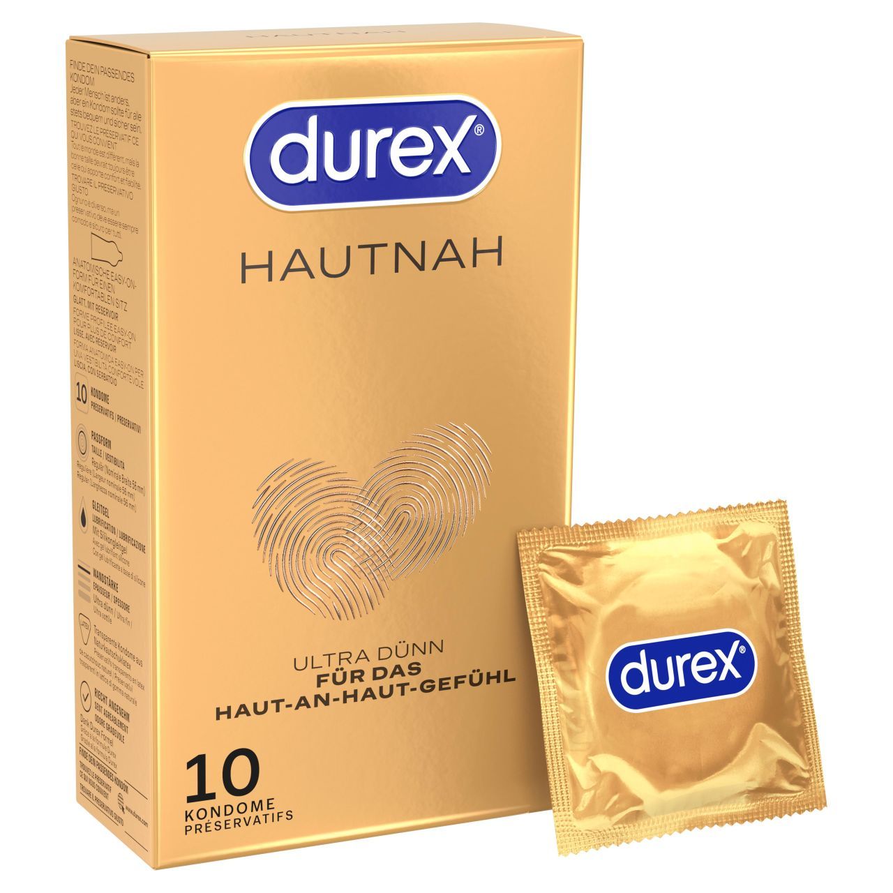 Durex Hautnah Kondompackung, goldfarben, mit Fingerabdruck-Herz und "Ultra Dünn" Aufdruck.
