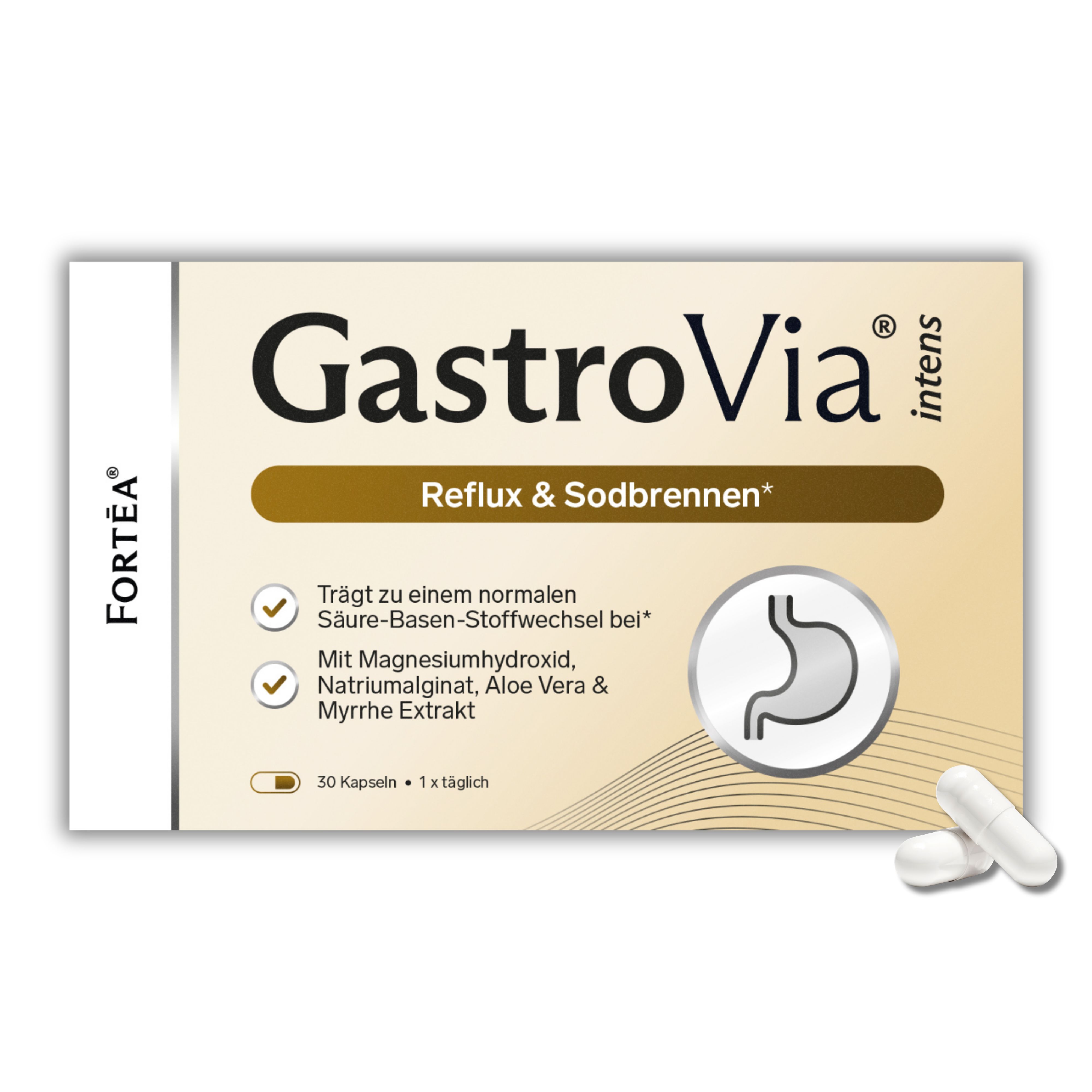 Verpackung von GastroVia® intens Reflux & Sodbrennen Kapseln mit Darstellungen von Magen und Wellen.