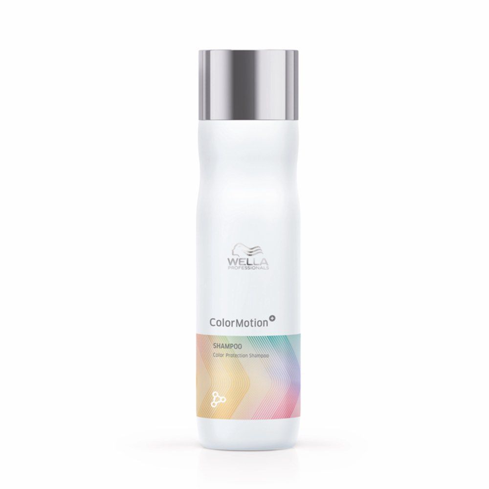 Weiße Shampoo-Flasche mit silbernem Deckel. Aufkleber mit Farbverlauf und Schriftzug ColorMotion und Shampoo.