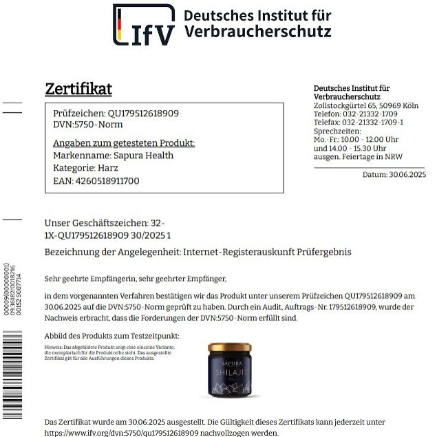 Zertifikat des Deutschen Instituts für Verbraucherschutz. Angaben zum Produkt: SAPURA Health, Harz. Prüfzeichen. Datum: 30.06.2025.
