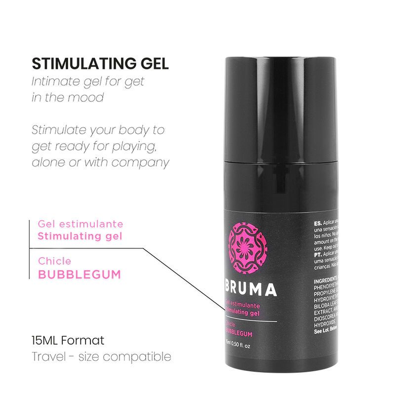 Schwarze Flasche mit rosa Logo und Text. Aufschrift: Bruma, Stimulationsgel, Bubblegum. 15ml Format.