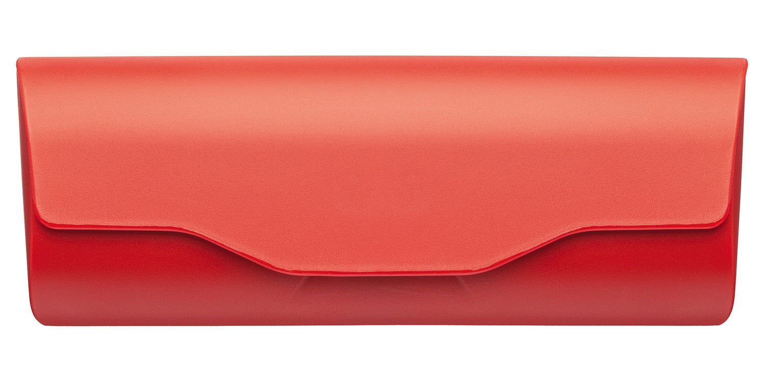 Rotes Kunststoff-Etui. Rechteckig mit geschwungener Front. Deckel mit Einbuchtung.