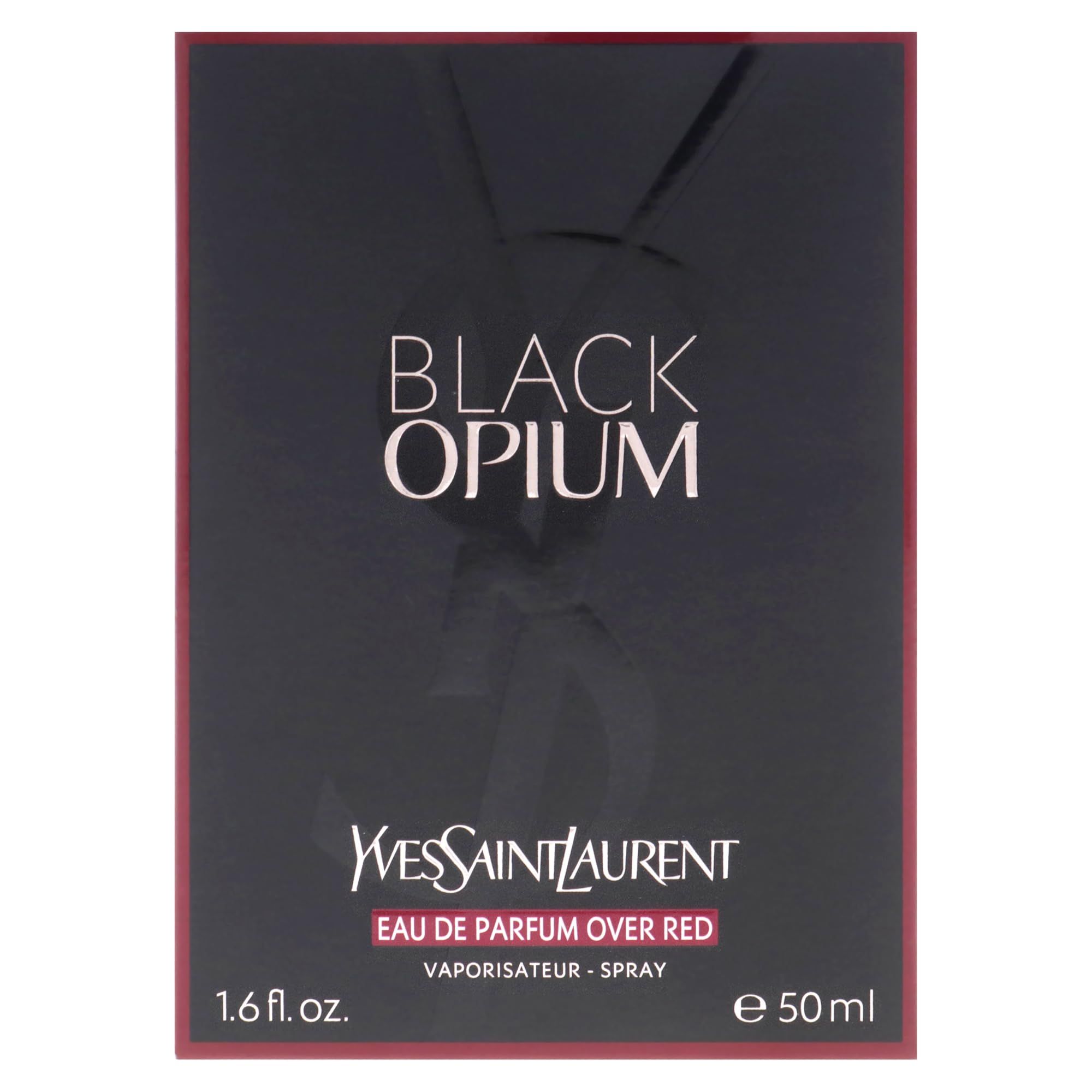 Verpackung mit BLACK OPIUM und Yves Saint Laurent. Eau de Parfum Over Red, 50 ml. Schwarzer Hintergrund mit rotem Rahmen.